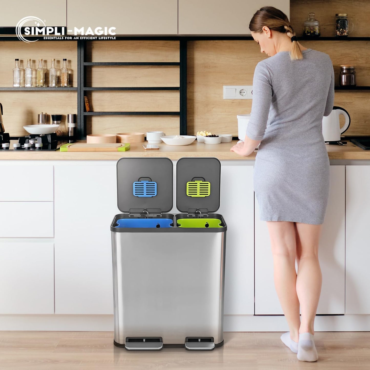 SIMPLI-MAGIC 18.5 Gallon (40L x 30L) Dual Compartment Step Trash Can – Kitchen Garbage Can With Waste & Recycling Bins – Slow-Close Lid, Odor Control, Hands-Free, Stainless Steel