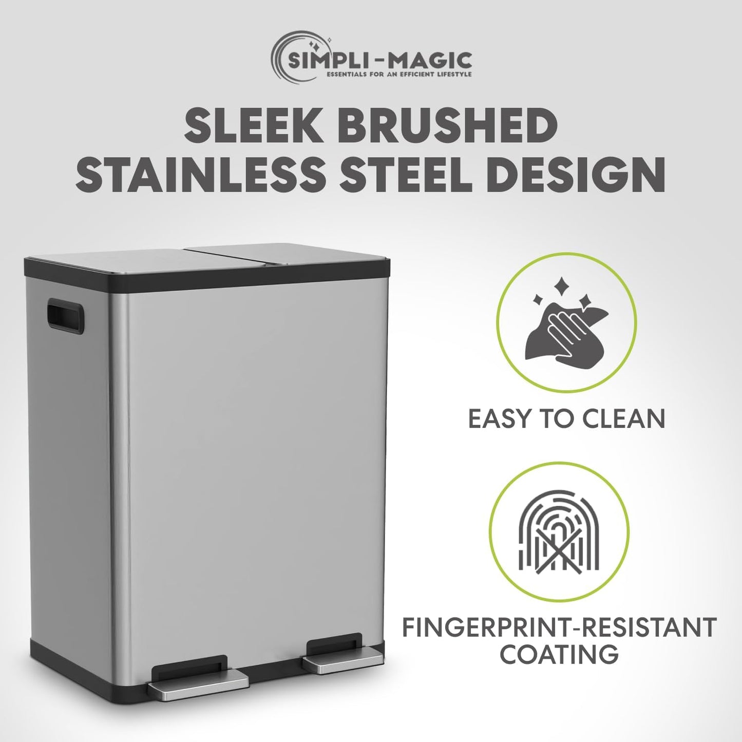SIMPLI-MAGIC 18.5 Gallon (40L x 30L) Dual Compartment Step Trash Can – Kitchen Garbage Can With Waste & Recycling Bins – Slow-Close Lid, Odor Control, Hands-Free, Stainless Steel