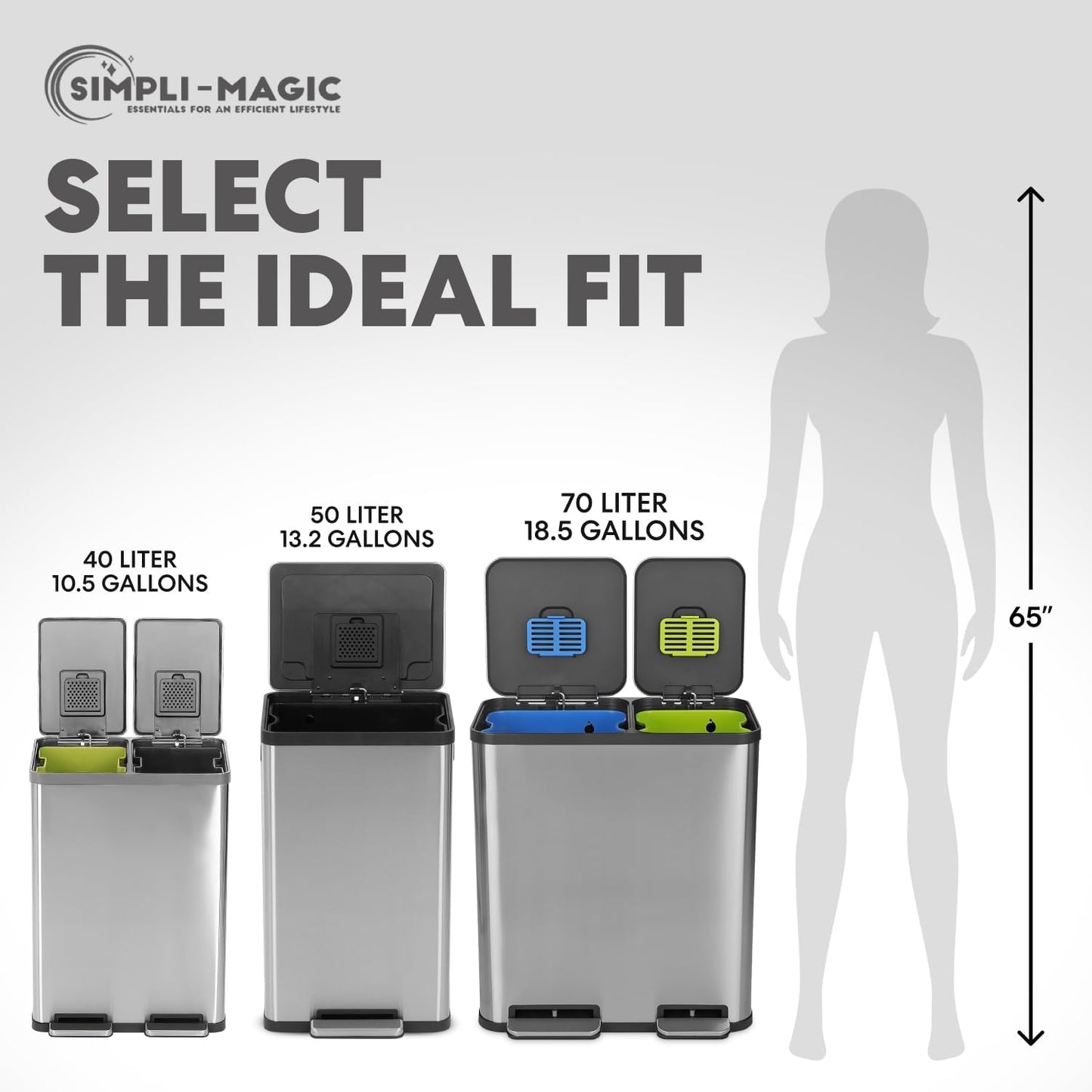 SIMPLI-MAGIC 18.5 Gallon (40L x 30L) Dual Compartment Step Trash Can – Kitchen Garbage Can With Waste & Recycling Bins – Slow-Close Lid, Odor Control, Hands-Free, Stainless Steel