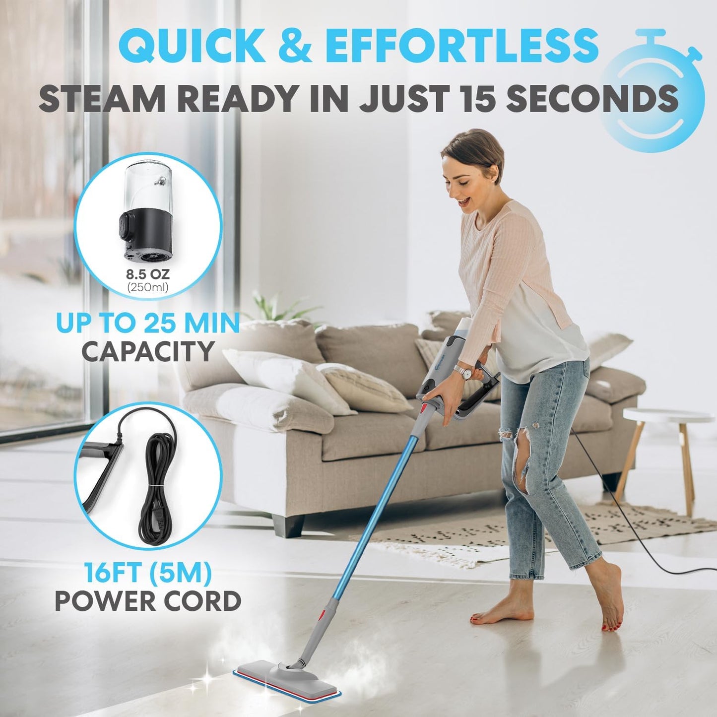 Simpli-Magic 10-in-1 Steam Mop with Detachable Handheld Steamer – Dual-Rod Design for Hardwood Floors, Grout, Walls & Tile Cleaning – Ultra Fast Heating, 3 Steam Modes, 2 Washable Pads, 16FT Cord