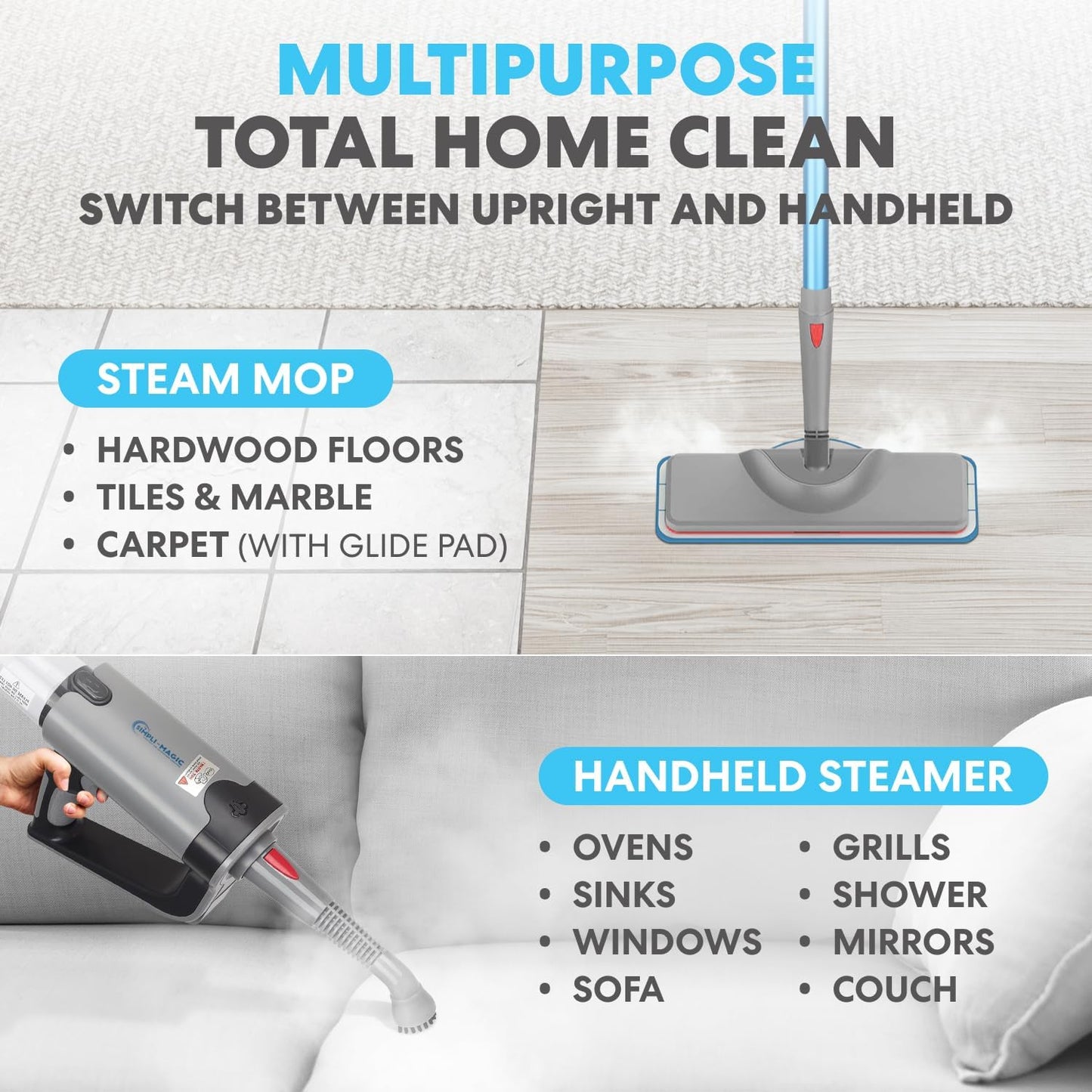Simpli-Magic 10-in-1 Steam Mop with Detachable Handheld Steamer – Dual-Rod Design for Hardwood Floors, Grout, Walls & Tile Cleaning – Ultra Fast Heating, 3 Steam Modes, 2 Washable Pads, 16FT Cord