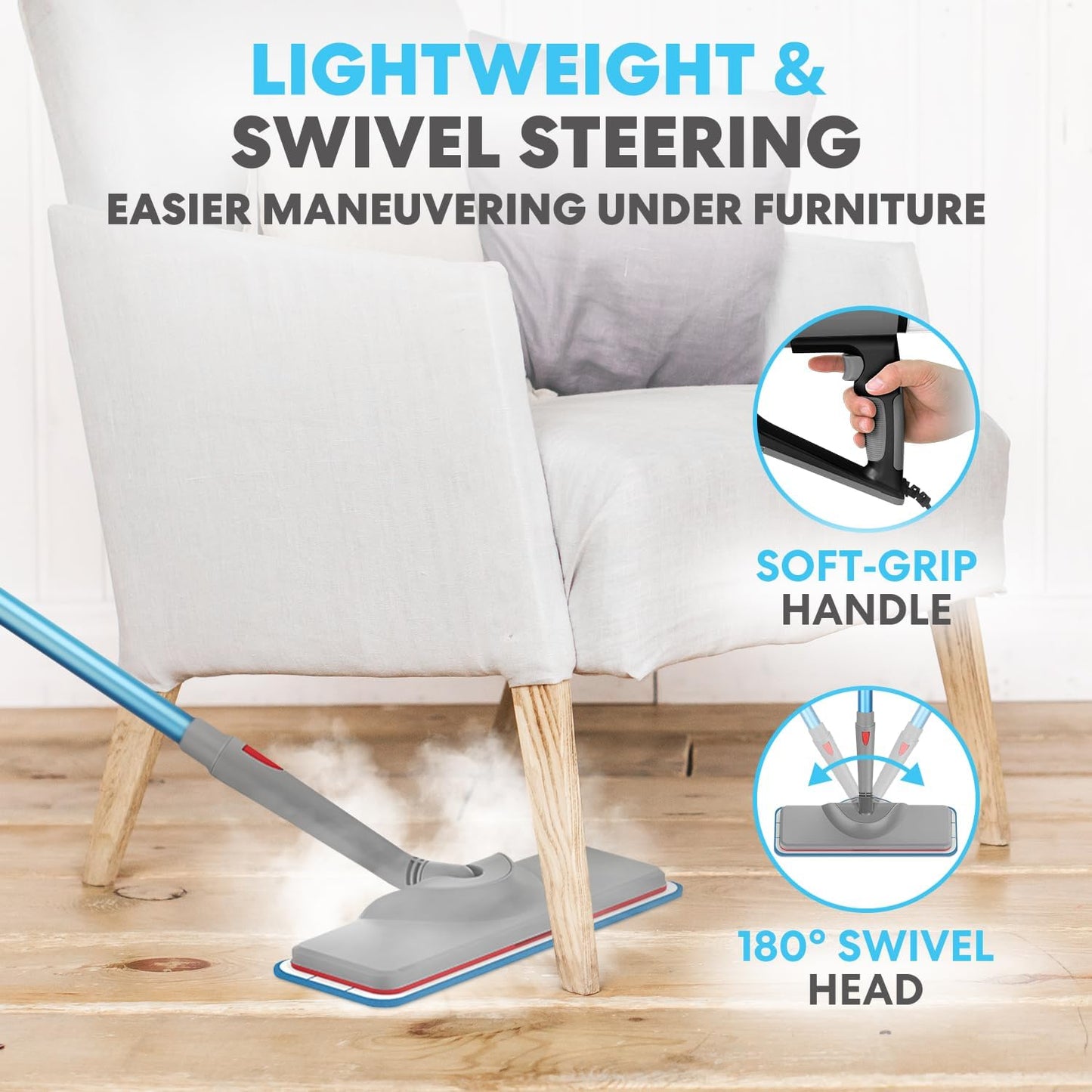 Simpli-Magic 10-in-1 Steam Mop with Detachable Handheld Steamer – Dual-Rod Design for Hardwood Floors, Grout, Walls & Tile Cleaning – Ultra Fast Heating, 3 Steam Modes, 2 Washable Pads, 16FT Cord