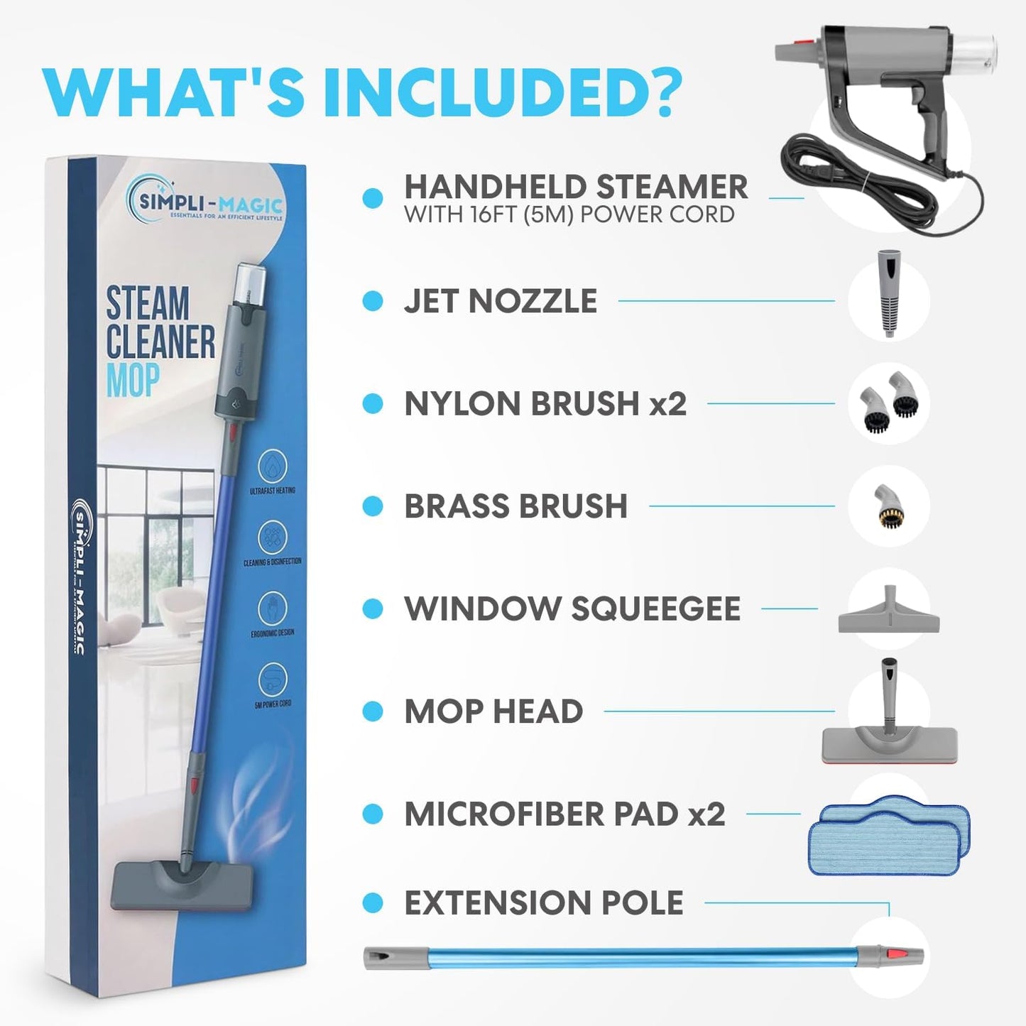 Simpli-Magic 10-in-1 Steam Mop with Detachable Handheld Steamer – Dual-Rod Design for Hardwood Floors, Grout, Walls & Tile Cleaning – Ultra Fast Heating, 3 Steam Modes, 2 Washable Pads, 16FT Cord
