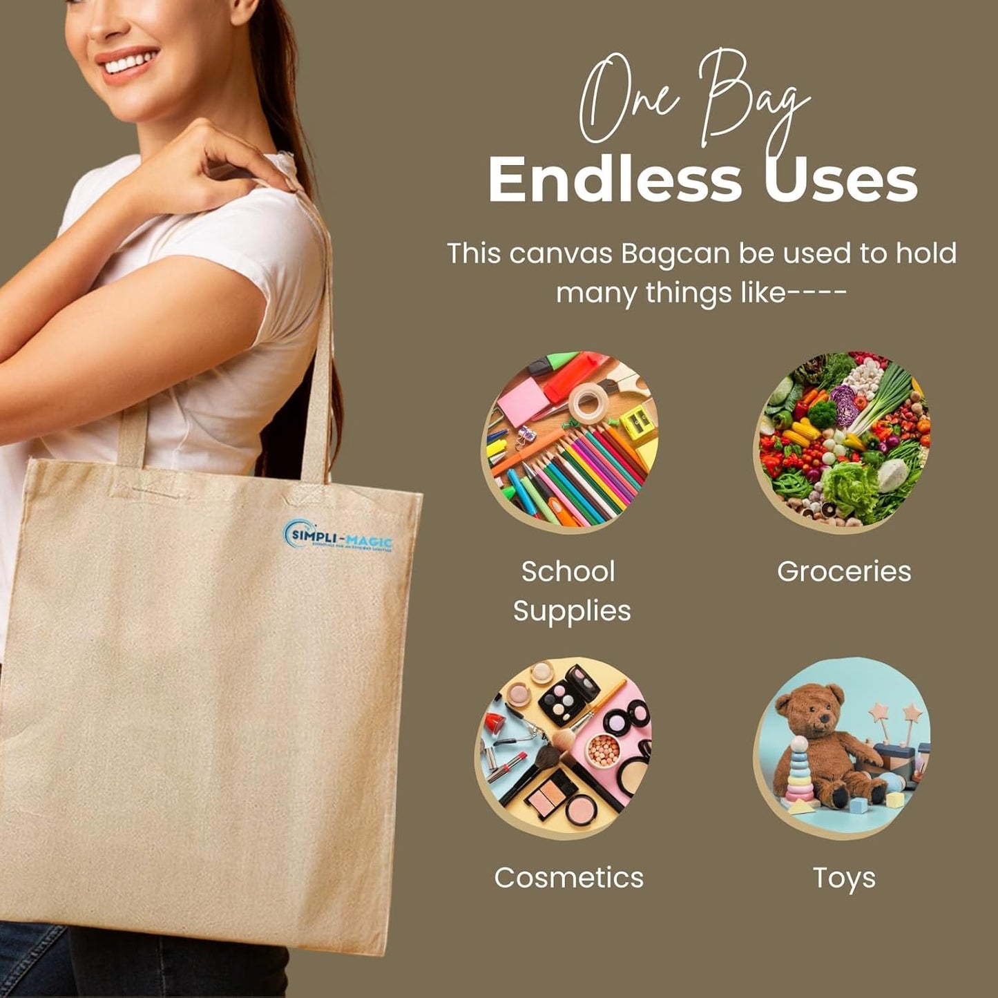 Simpli-Magic Canvas Tote Bags, 13"x15", Pack of 50, Beige