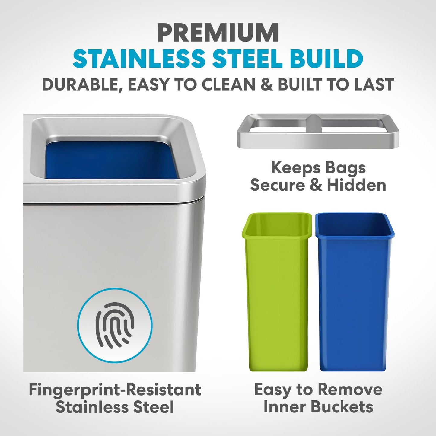 70 Liter / 18.5 Gallon Rectangular Open Top Dual Compartment Recycling Trash Can, Stainless Steel (40L x 30L Capacity) Ideal for Restaurants, Coffee Shops, Gym and Households