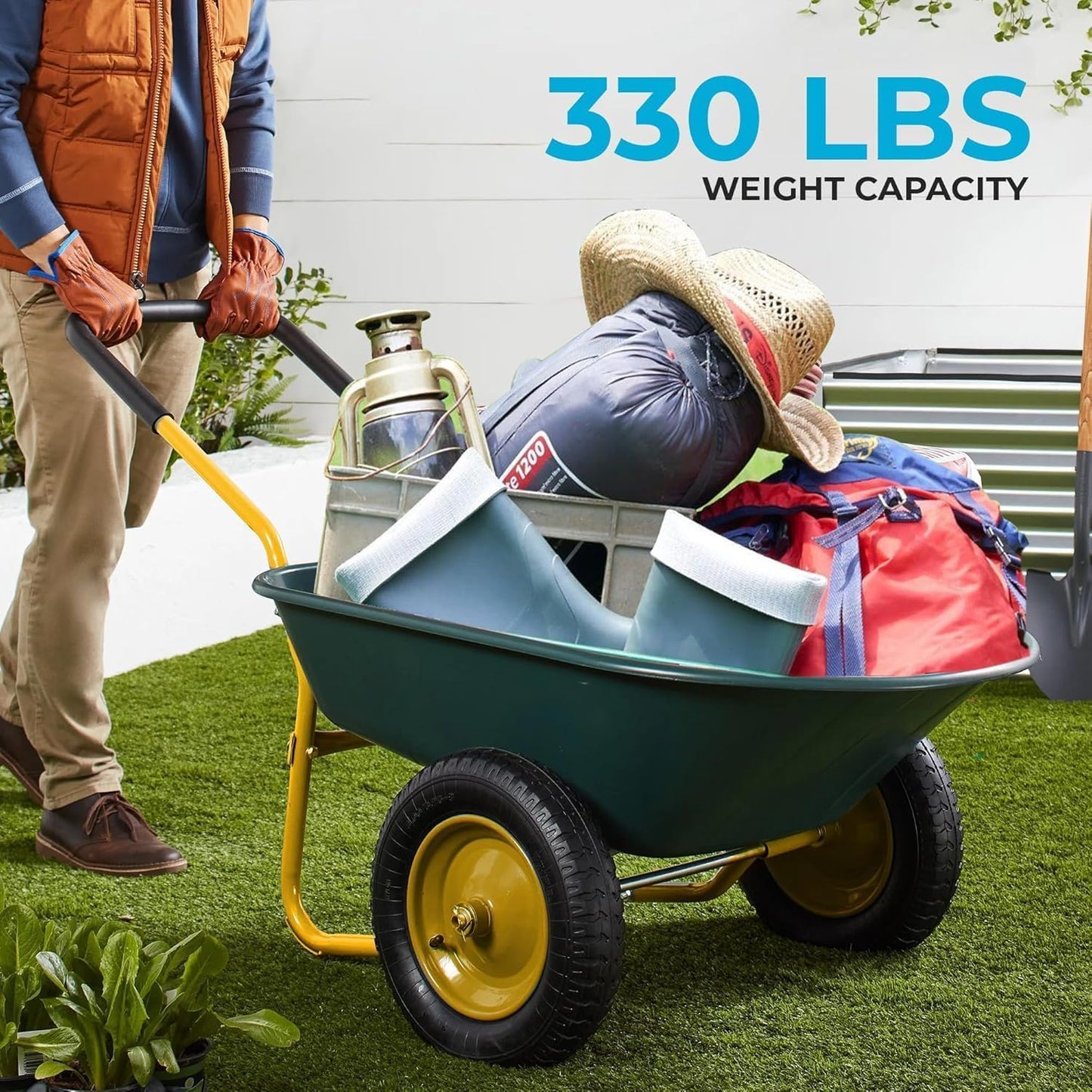 SIMPLI-Magic Dual-Wheel Wheelbarrow Garden Cart - Heavy Duty Yard Cart with 5 Cu Ft Capacity, 330 lb Load, 13” Pneumatic Wheels & Built-in Stand for Lawn, Soil, Mulch & Construction