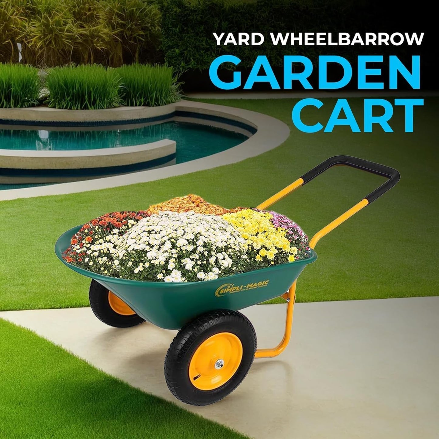 SIMPLI-Magic Dual-Wheel Wheelbarrow Garden Cart - Heavy Duty Yard Cart with 5 Cu Ft Capacity, 330 lb Load, 13” Pneumatic Wheels & Built-in Stand for Lawn, Soil, Mulch & Construction