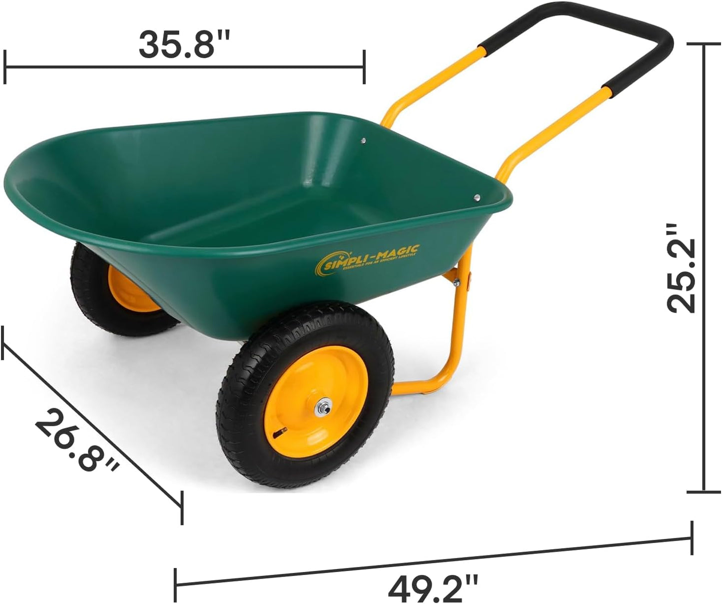 SIMPLI-Magic Dual-Wheel Wheelbarrow Garden Cart - Heavy Duty Yard Cart with 5 Cu Ft Capacity, 330 lb Load, 13” Pneumatic Wheels & Built-in Stand for Lawn, Soil, Mulch & Construction