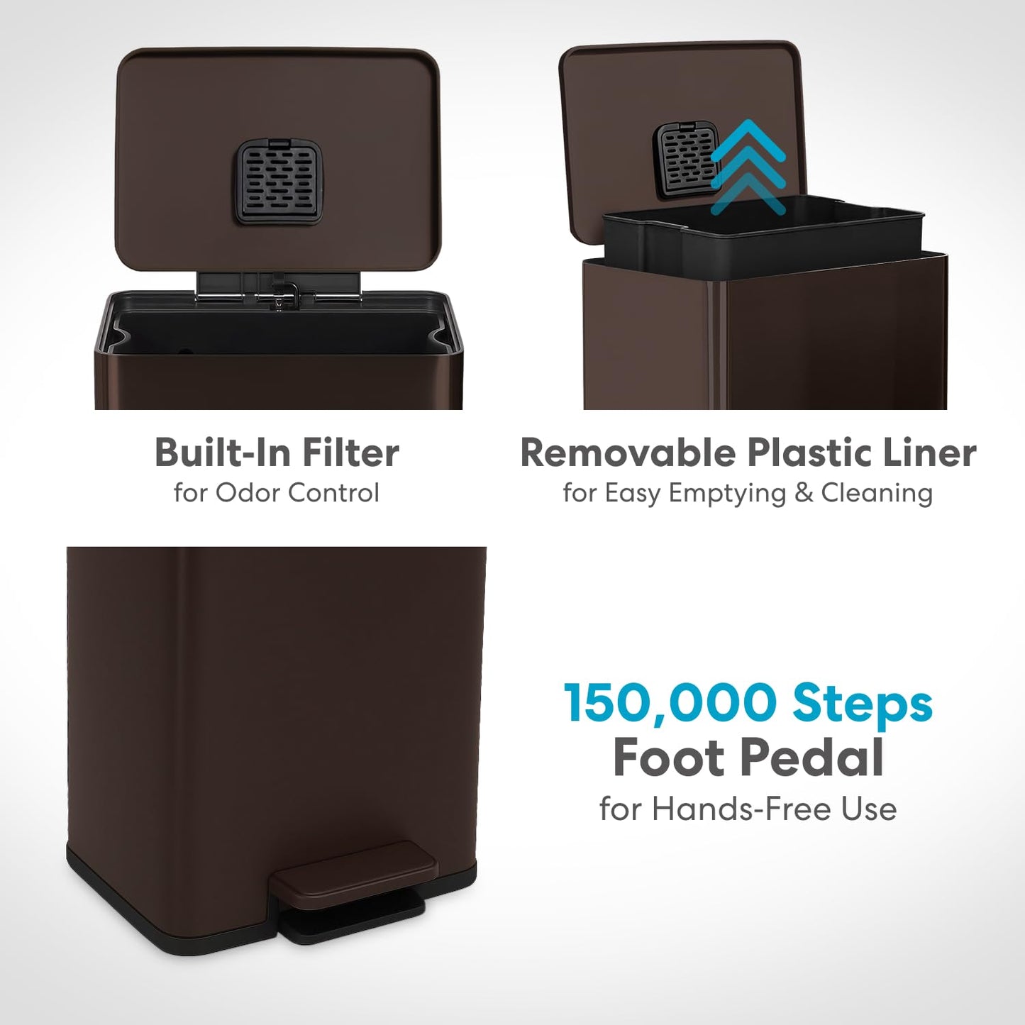 50 Liter / 13.2 Gallon Soft-Close, Smudge Resistant Trash Can with Foot Pedal and Built in Filter- Brown