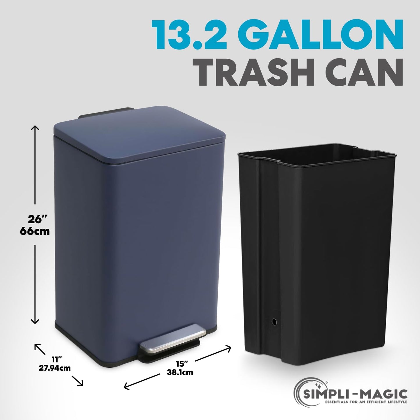 50 Liter / 13.2 Gallon Soft-Close, Smudge Resistant Trash Can with Foot Pedal and Built in Filter- Blue