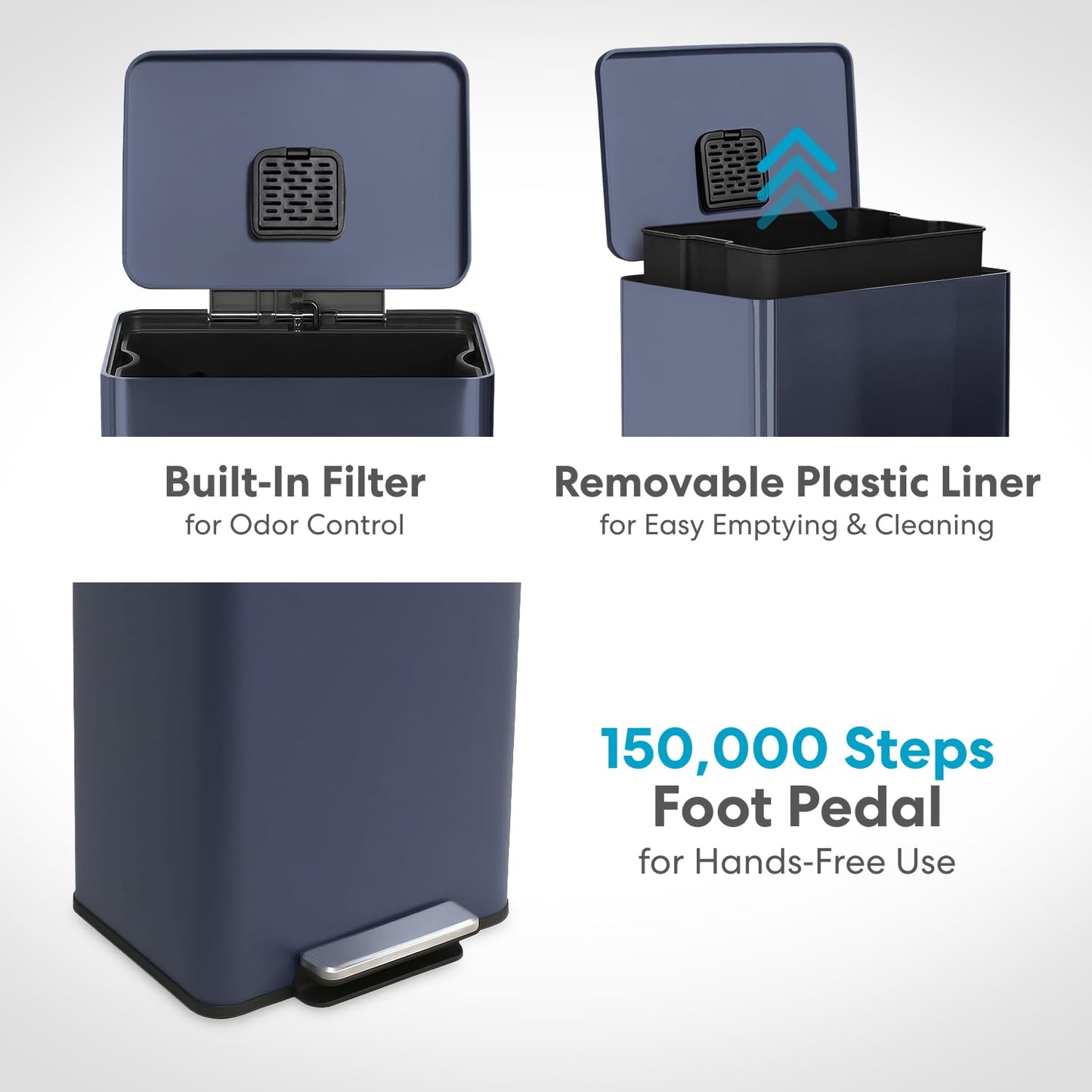 50 Liter / 13.2 Gallon Soft-Close, Smudge Resistant Trash Can with Foot Pedal and Built in Filter- Blue