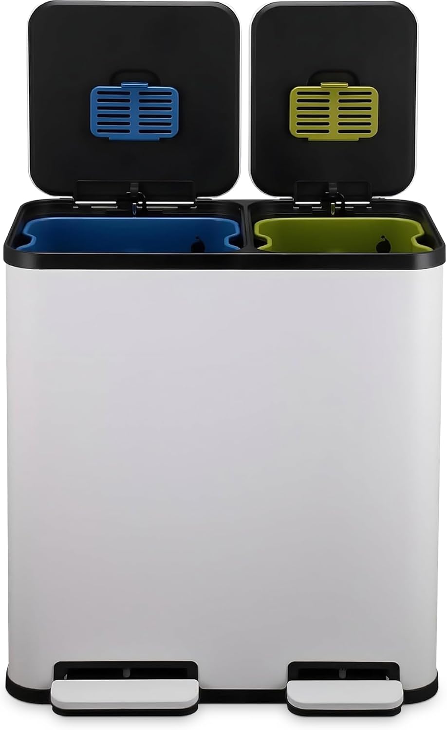 70 Liter / 18.5 Gallon Dual Compartment Recycling Trash Can – Hands-Free Kitchen Step Bin with Soft-Close Lid, Odor Filter, Stainless Steel Foot Pedal, Black Finish (40L + 30L), White