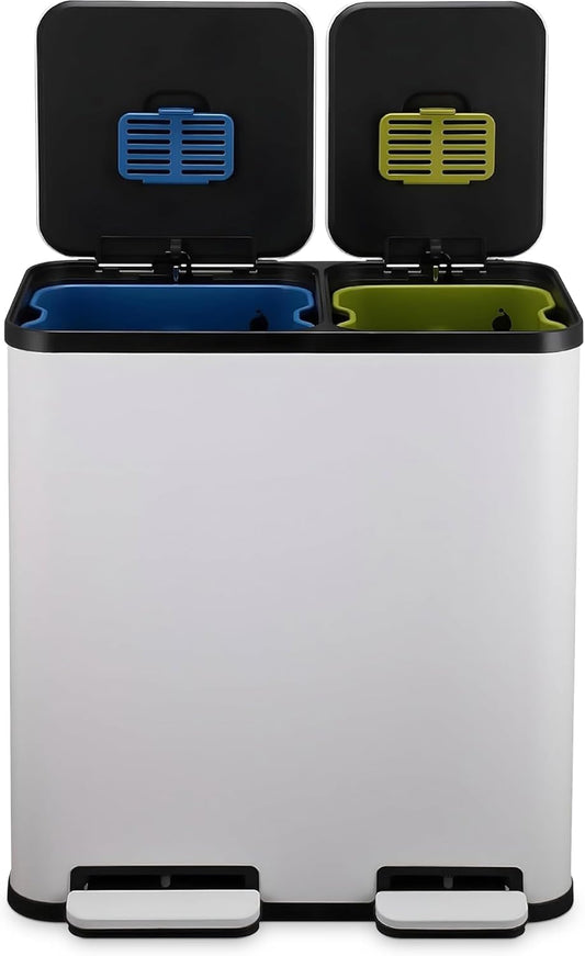 70 Liter / 18.5 Gallon Dual Compartment Recycling Trash Can – Hands-Free Kitchen Step Bin with Soft-Close Lid, Odor Filter, Stainless Steel Foot Pedal, Black Finish (40L + 30L), White