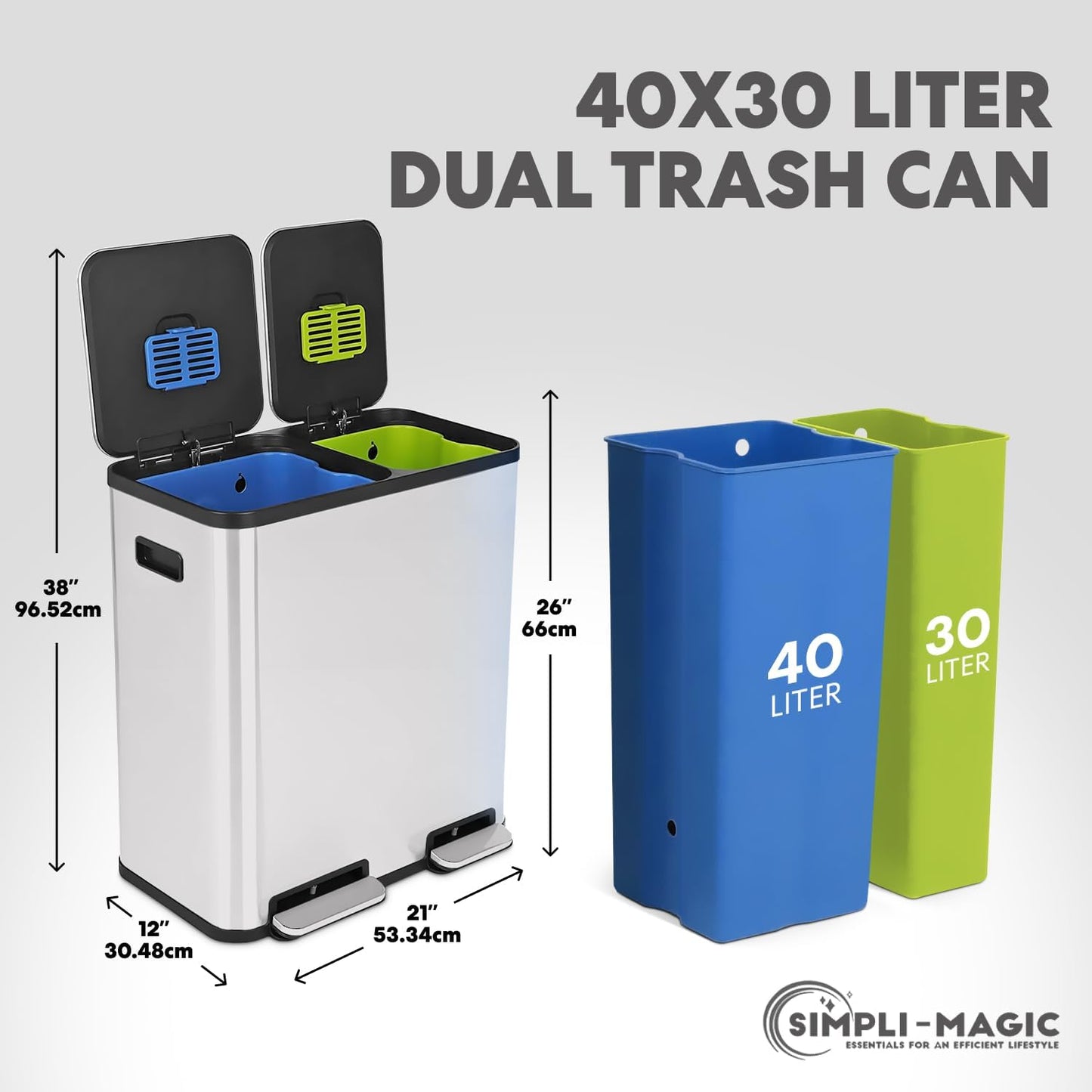 70 Liter / 18.5 Gallon Dual Compartment Recycling Trash Can – Hands-Free Kitchen Step Bin with Soft-Close Lid, Odor Filter, Stainless Steel Foot Pedal, Black Finish (40L + 30L), White