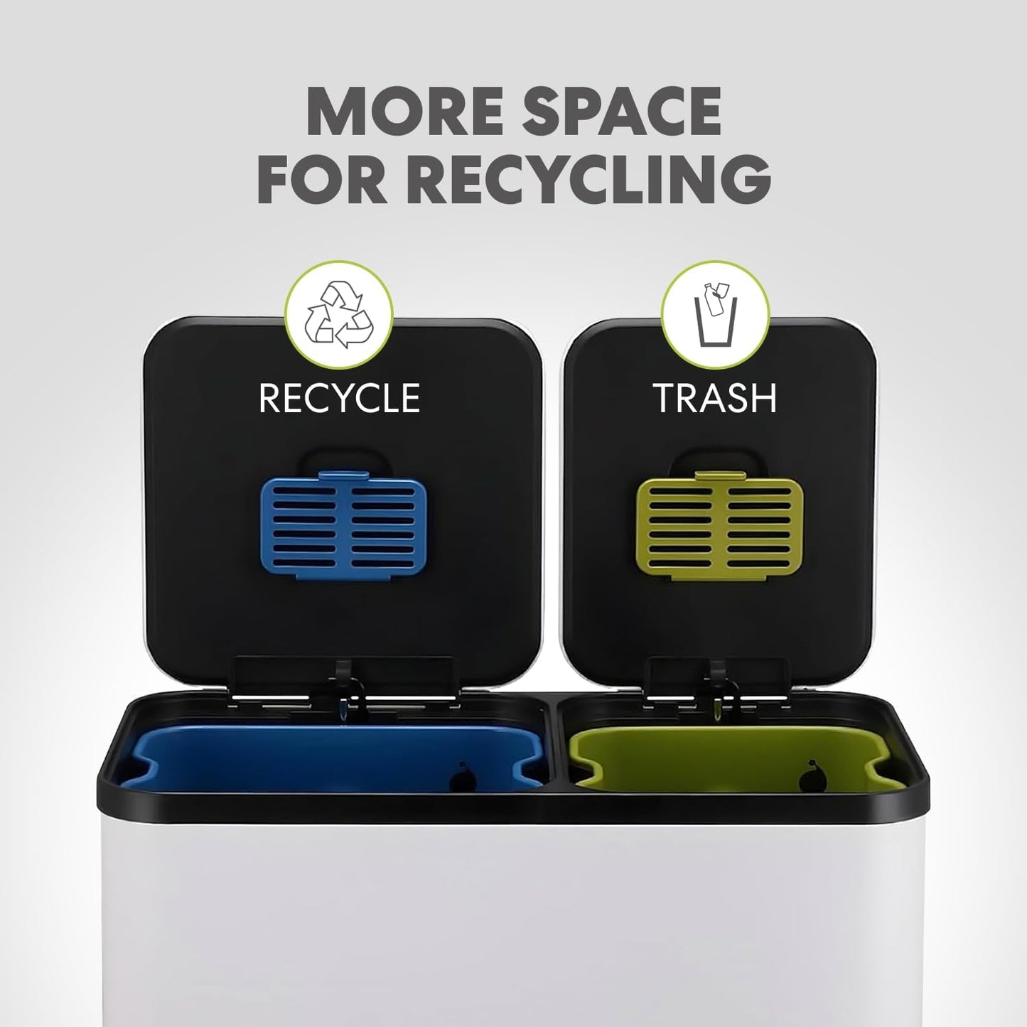 70 Liter / 18.5 Gallon Dual Compartment Recycling Trash Can – Hands-Free Kitchen Step Bin with Soft-Close Lid, Odor Filter, Stainless Steel Foot Pedal, Black Finish (40L + 30L), White