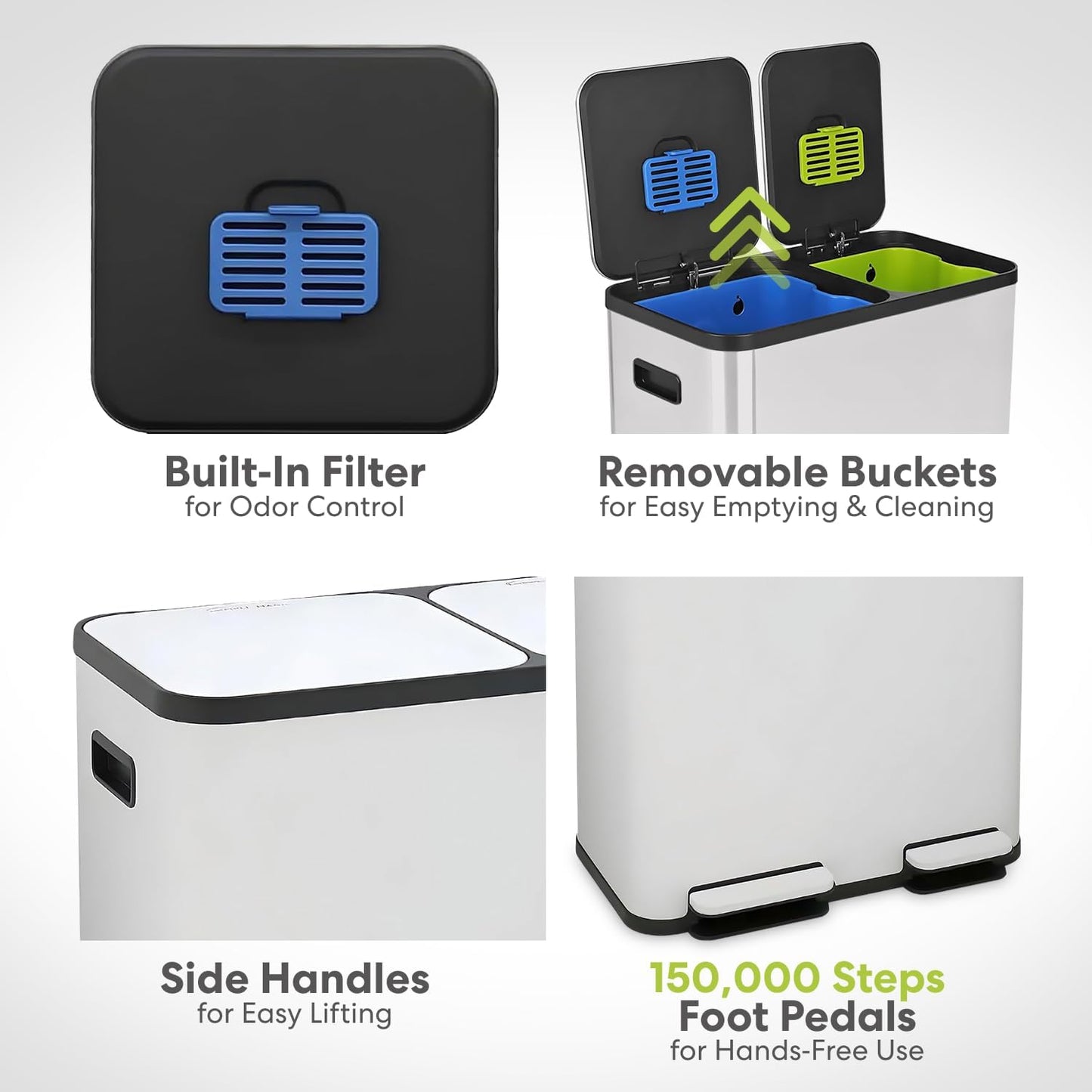 70 Liter / 18.5 Gallon Dual Compartment Recycling Trash Can – Hands-Free Kitchen Step Bin with Soft-Close Lid, Odor Filter, Stainless Steel Foot Pedal, Black Finish (40L + 30L), White