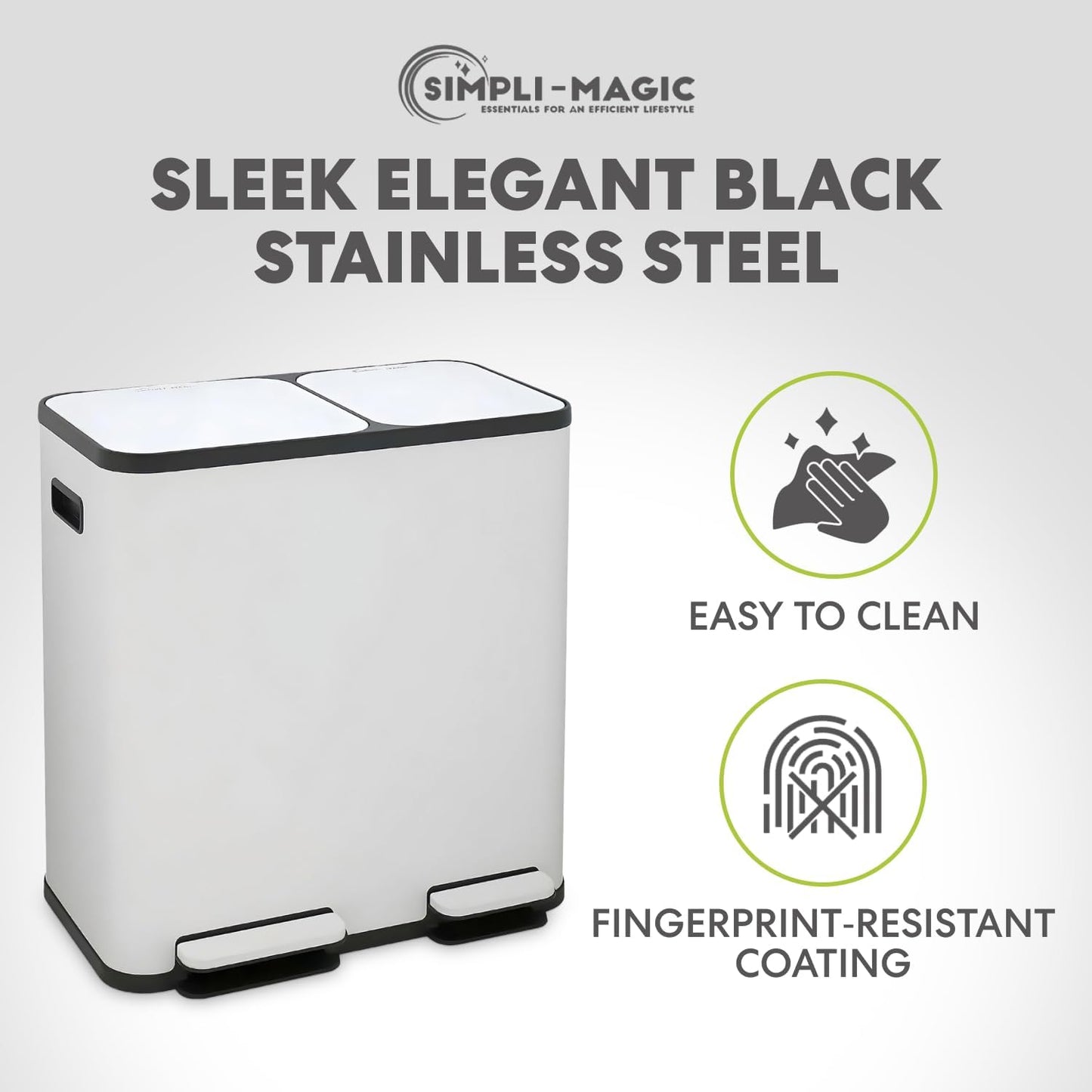 70 Liter / 18.5 Gallon Dual Compartment Recycling Trash Can – Hands-Free Kitchen Step Bin with Soft-Close Lid, Odor Filter, Stainless Steel Foot Pedal, Black Finish (40L + 30L), White