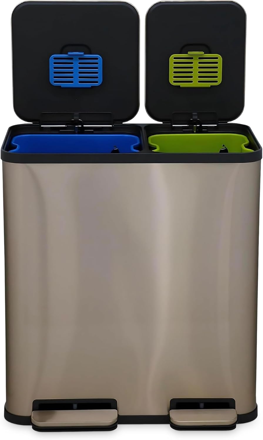 70 Liter / 18.5 Gallon Dual Compartment Recycling Trash Can – Hands-Free Kitchen Step Bin with Soft-Close Lid, Odor Filter, Stainless Steel Foot Pedal, Black Finish (40L + 30L) Rose Gold Finish