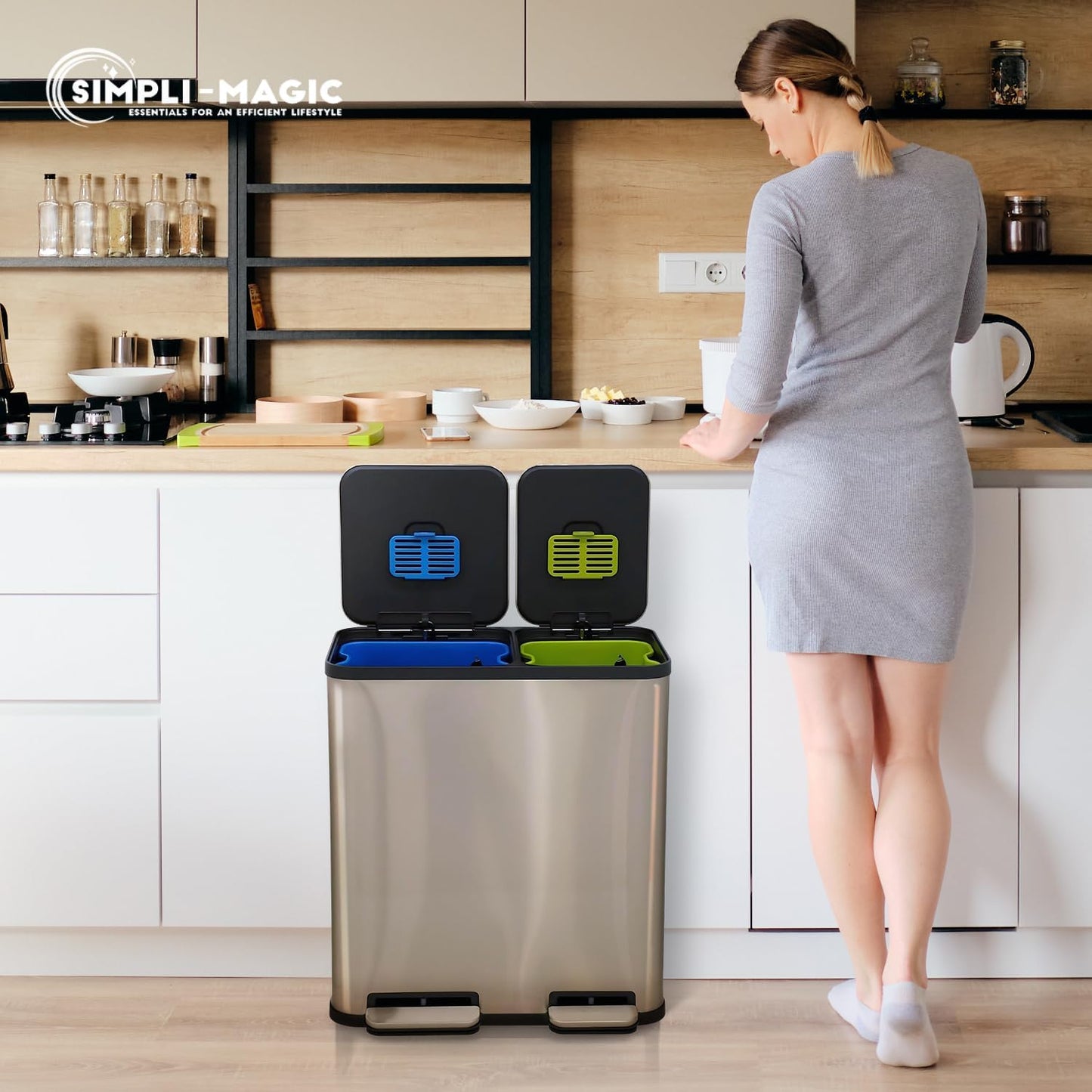 70 Liter / 18.5 Gallon Dual Compartment Recycling Trash Can – Hands-Free Kitchen Step Bin with Soft-Close Lid, Odor Filter, Stainless Steel Foot Pedal, Black Finish (40L + 30L) Rose Gold Finish