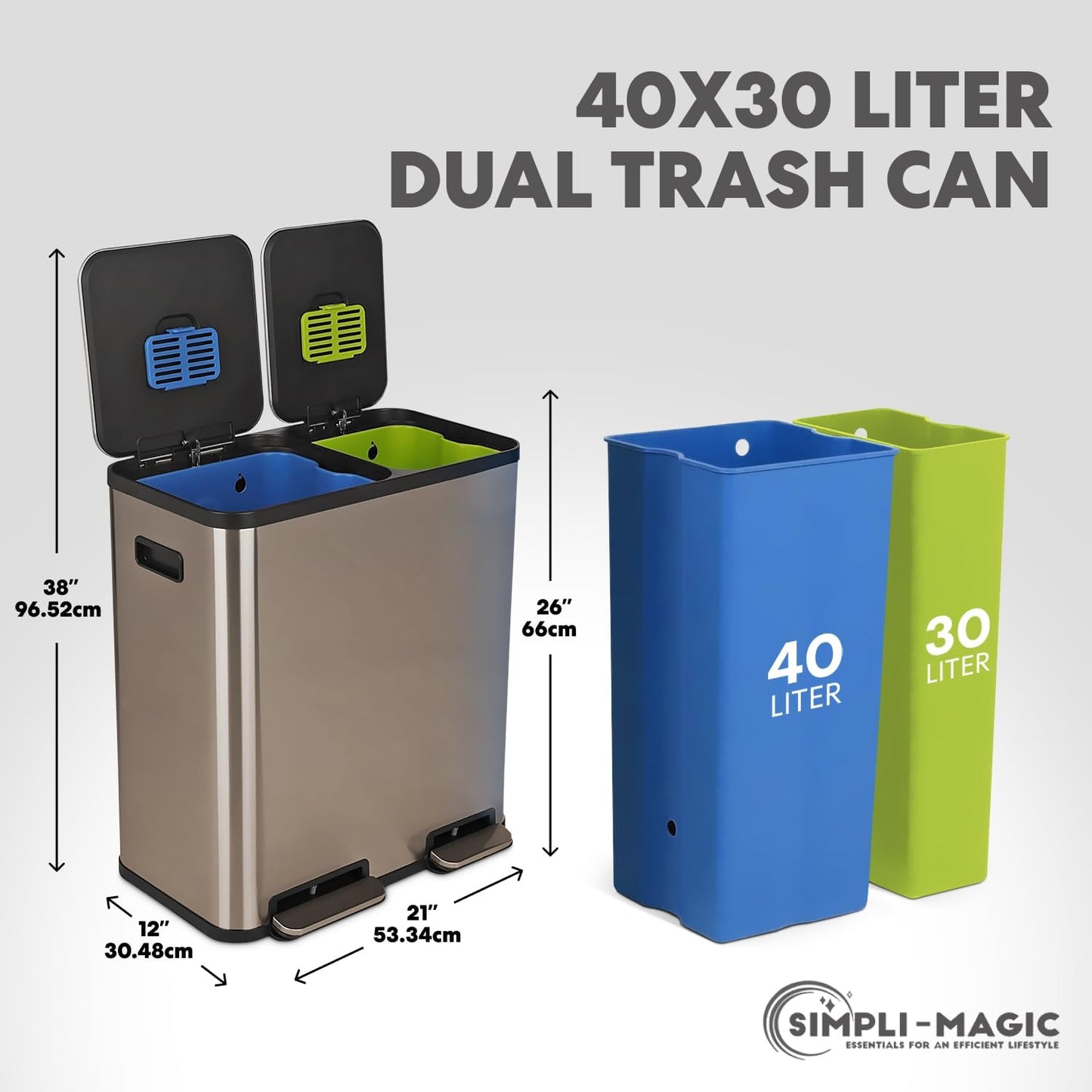 70 Liter / 18.5 Gallon Dual Compartment Recycling Trash Can – Hands-Free Kitchen Step Bin with Soft-Close Lid, Odor Filter, Stainless Steel Foot Pedal, Black Finish (40L + 30L) Rose Gold Finish