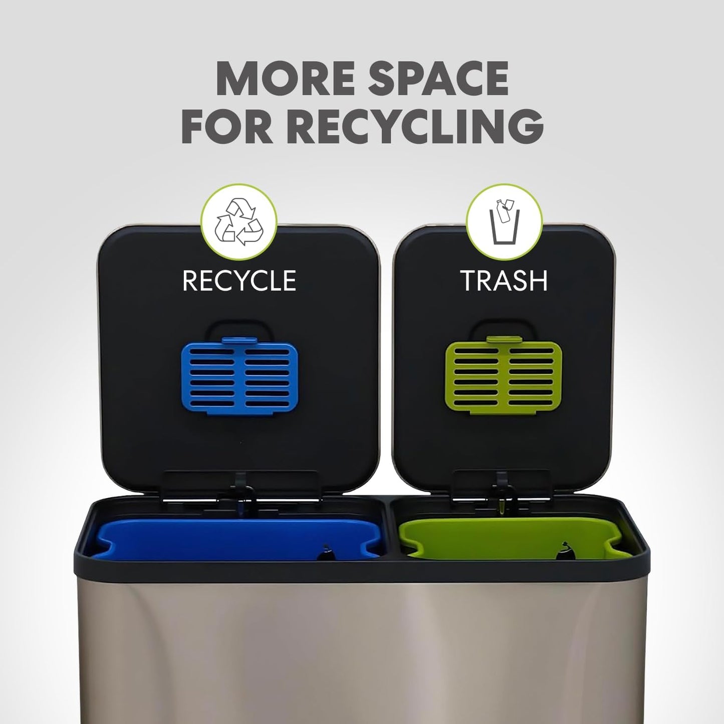 70 Liter / 18.5 Gallon Dual Compartment Recycling Trash Can – Hands-Free Kitchen Step Bin with Soft-Close Lid, Odor Filter, Stainless Steel Foot Pedal, Black Finish (40L + 30L) Rose Gold Finish