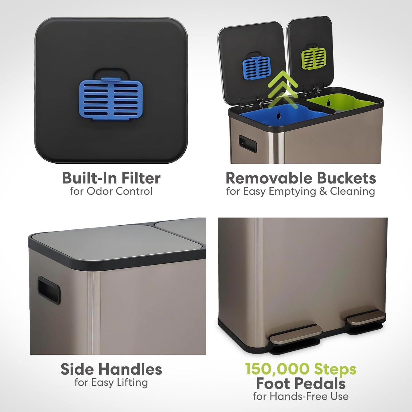 70 Liter / 18.5 Gallon Dual Compartment Recycling Trash Can – Hands-Free Kitchen Step Bin with Soft-Close Lid, Odor Filter, Stainless Steel Foot Pedal, Black Finish (40L + 30L) Rose Gold Finish