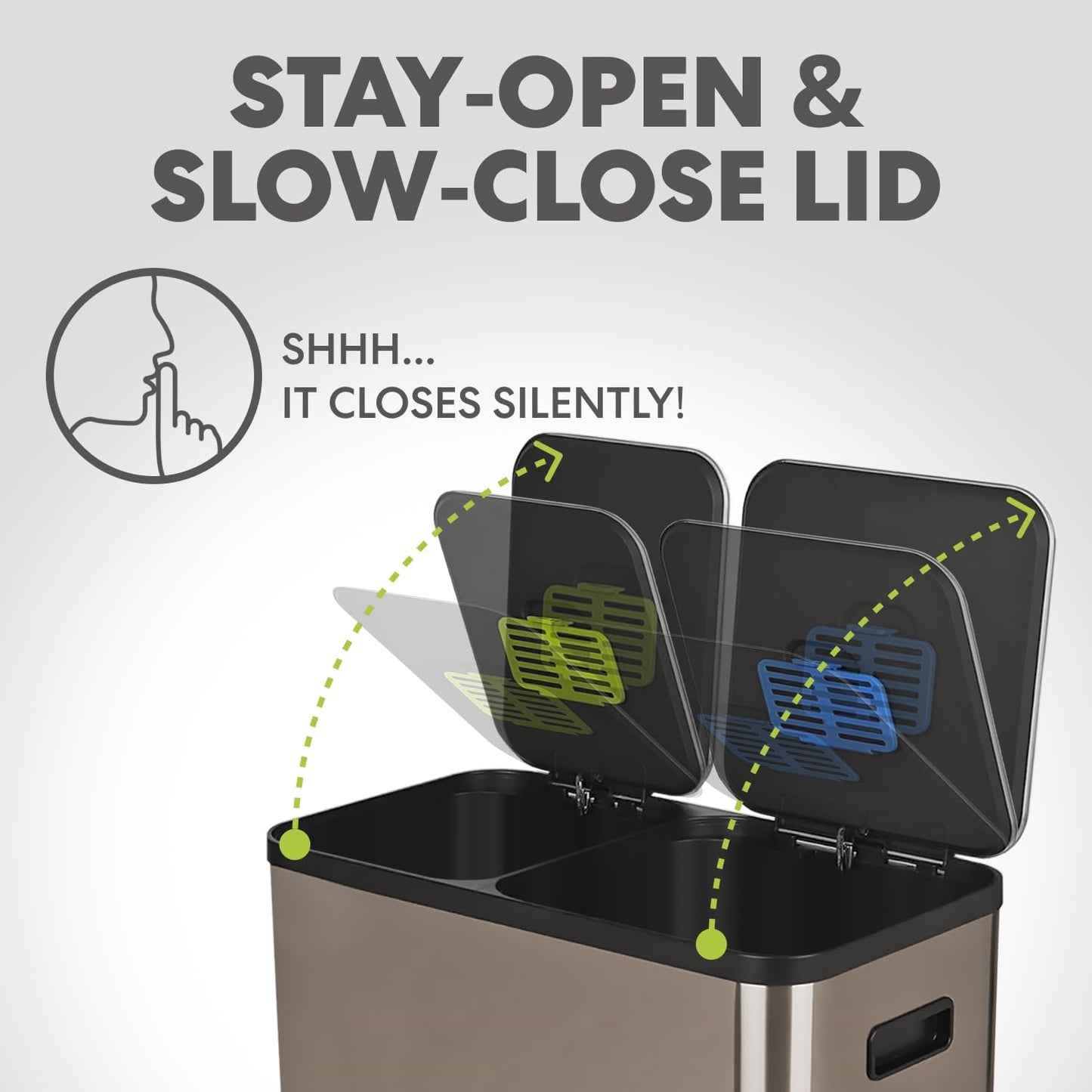 70 Liter / 18.5 Gallon Dual Compartment Recycling Trash Can – Hands-Free Kitchen Step Bin with Soft-Close Lid, Odor Filter, Stainless Steel Foot Pedal, Black Finish (40L + 30L) Rose Gold Finish