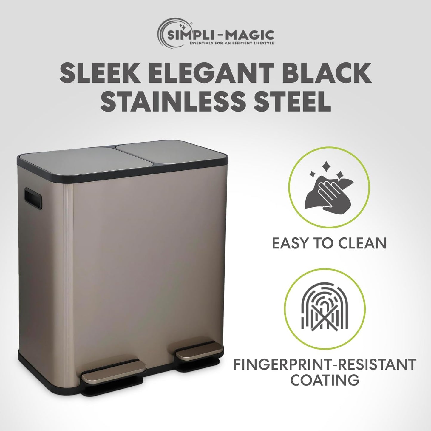 70 Liter / 18.5 Gallon Dual Compartment Recycling Trash Can – Hands-Free Kitchen Step Bin with Soft-Close Lid, Odor Filter, Stainless Steel Foot Pedal, Black Finish (40L + 30L) Rose Gold Finish