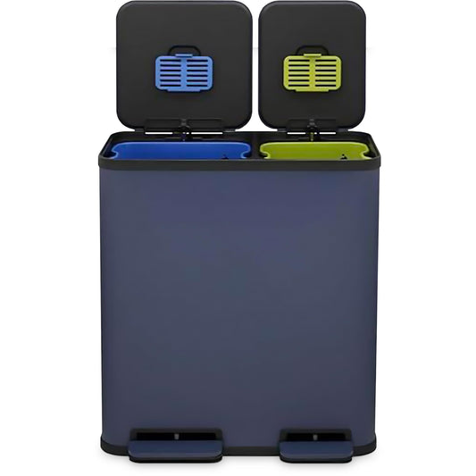 70 Liter / 18.5 Gallon Dual Compartment Recycling Trash Can – Hands-Free Kitchen Step Bin with Soft-Close Lid, Odor Filter, Stainless Steel Foot Pedal, Black Finish (40L + 30L), Blue
