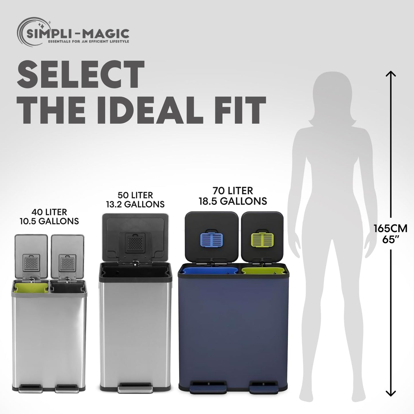 70 Liter / 18.5 Gallon Dual Compartment Recycling Trash Can – Hands-Free Kitchen Step Bin with Soft-Close Lid, Odor Filter, Stainless Steel Foot Pedal, Black Finish (40L + 30L), Blue