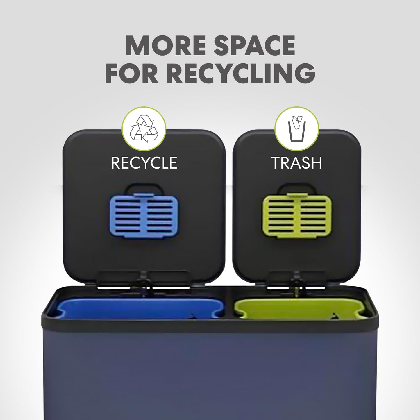 70 Liter / 18.5 Gallon Dual Compartment Recycling Trash Can – Hands-Free Kitchen Step Bin with Soft-Close Lid, Odor Filter, Stainless Steel Foot Pedal, Black Finish (40L + 30L), Blue