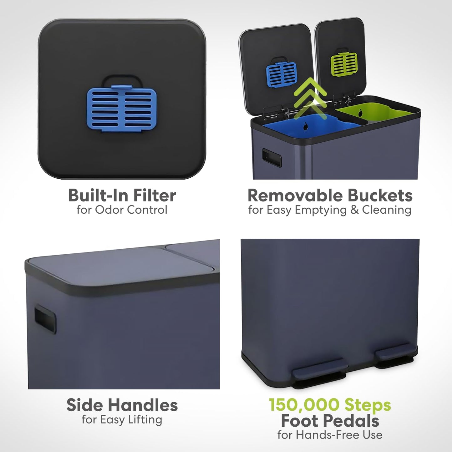 70 Liter / 18.5 Gallon Dual Compartment Recycling Trash Can – Hands-Free Kitchen Step Bin with Soft-Close Lid, Odor Filter, Stainless Steel Foot Pedal, Black Finish (40L + 30L), Blue