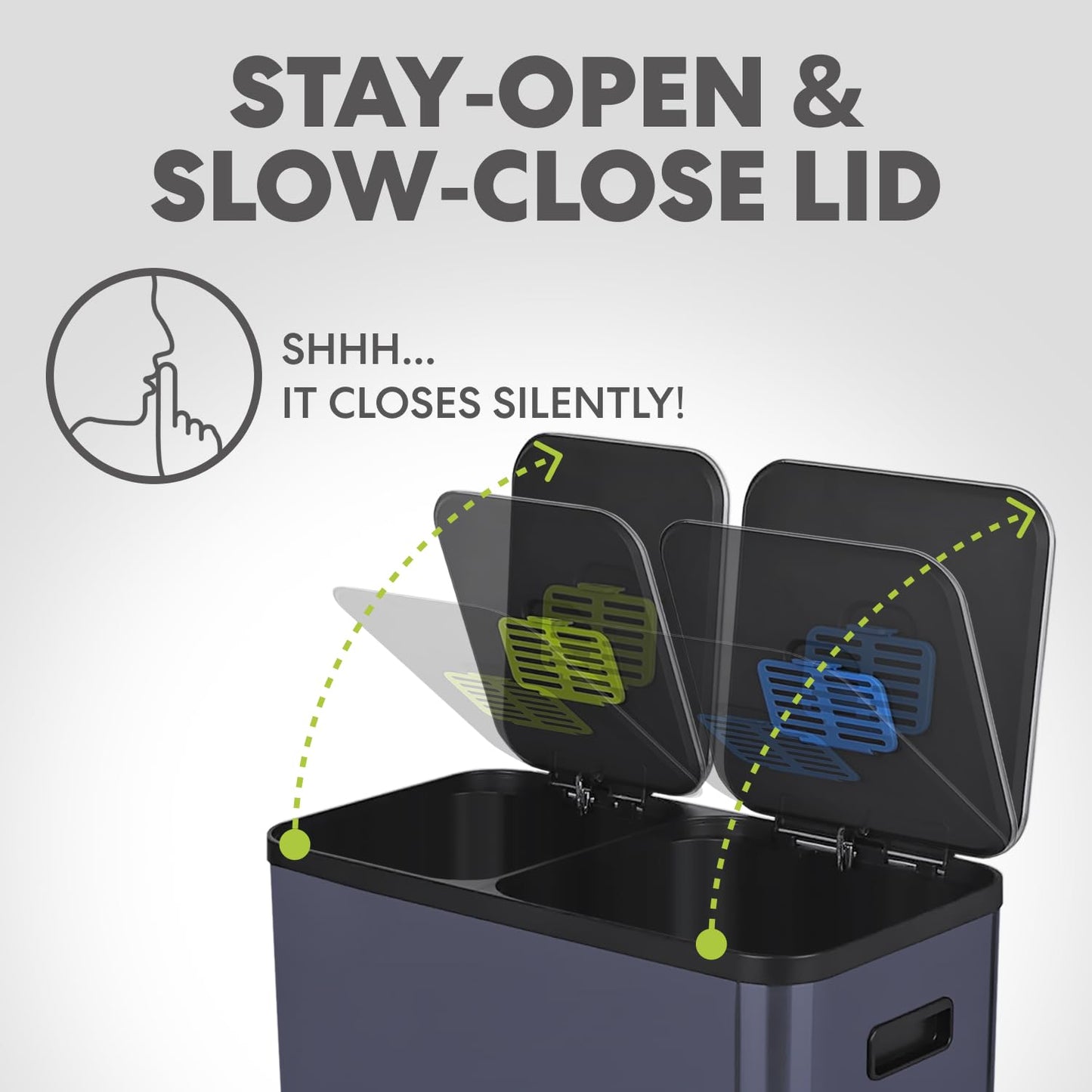 70 Liter / 18.5 Gallon Dual Compartment Recycling Trash Can – Hands-Free Kitchen Step Bin with Soft-Close Lid, Odor Filter, Stainless Steel Foot Pedal, Black Finish (40L + 30L), Blue