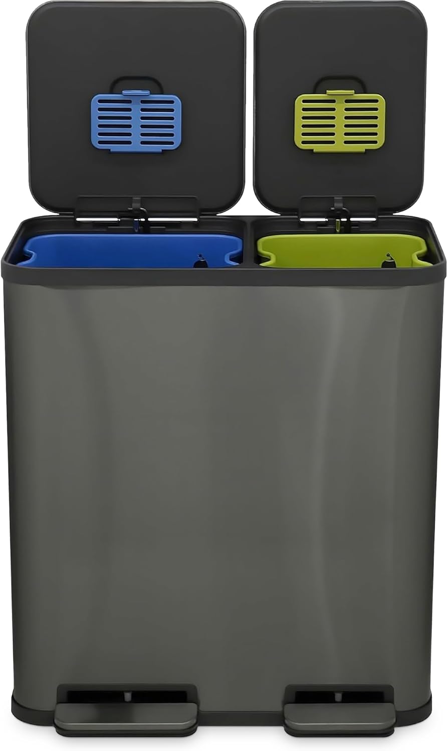 70 Liter / 18.5 Gallon Dual Compartment Recycling Trash Can - Hands-Free Kitchen Step Bin with Soft-Close Lid, Odor Filter, Stainless Steel Foot Pedal, Black Finish (40L + 30L) Elegant Black Finish