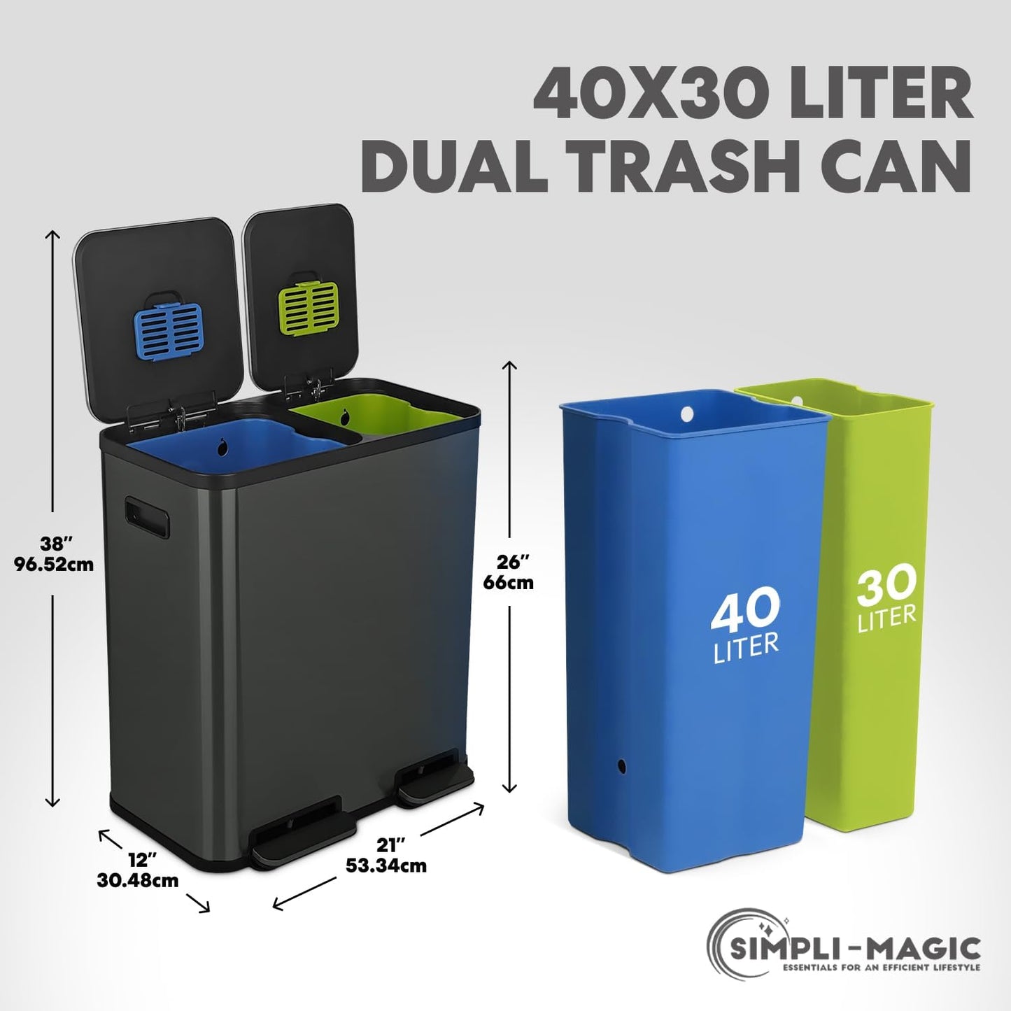 70 Liter / 18.5 Gallon Dual Compartment Recycling Trash Can - Hands-Free Kitchen Step Bin with Soft-Close Lid, Odor Filter, Stainless Steel Foot Pedal, Black Finish (40L + 30L) Elegant Black Finish