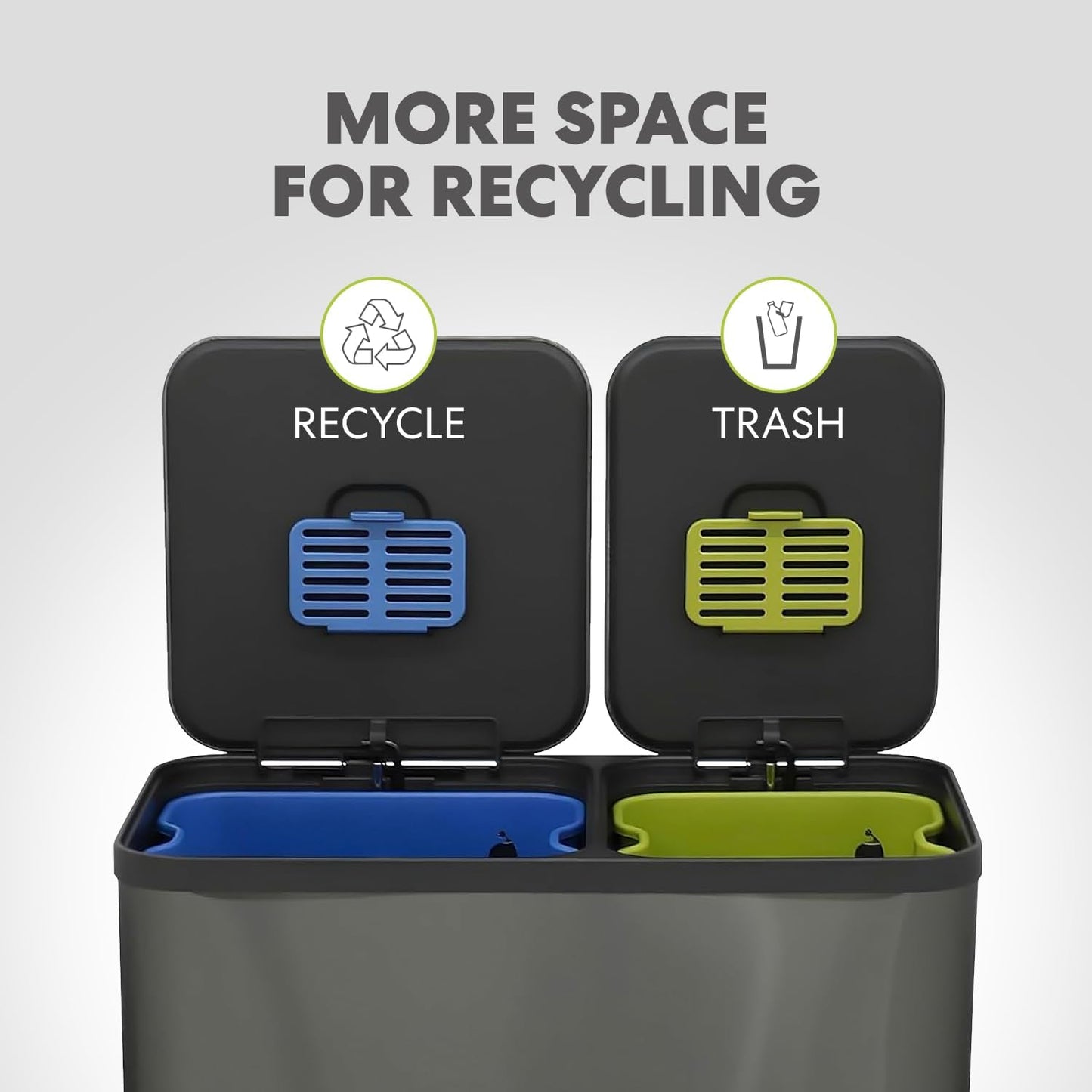 70 Liter / 18.5 Gallon Dual Compartment Recycling Trash Can - Hands-Free Kitchen Step Bin with Soft-Close Lid, Odor Filter, Stainless Steel Foot Pedal, Black Finish (40L + 30L) Elegant Black Finish