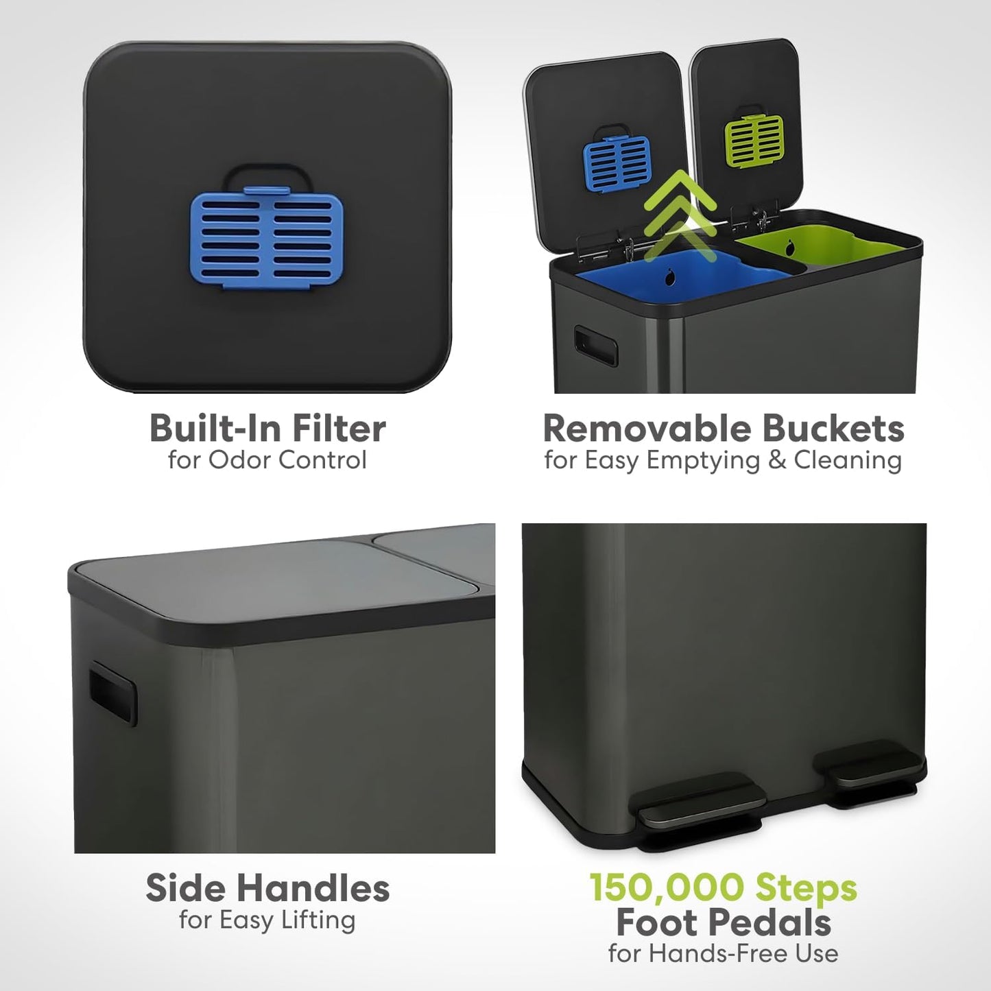 70 Liter / 18.5 Gallon Dual Compartment Recycling Trash Can - Hands-Free Kitchen Step Bin with Soft-Close Lid, Odor Filter, Stainless Steel Foot Pedal, Black Finish (40L + 30L) Elegant Black Finish