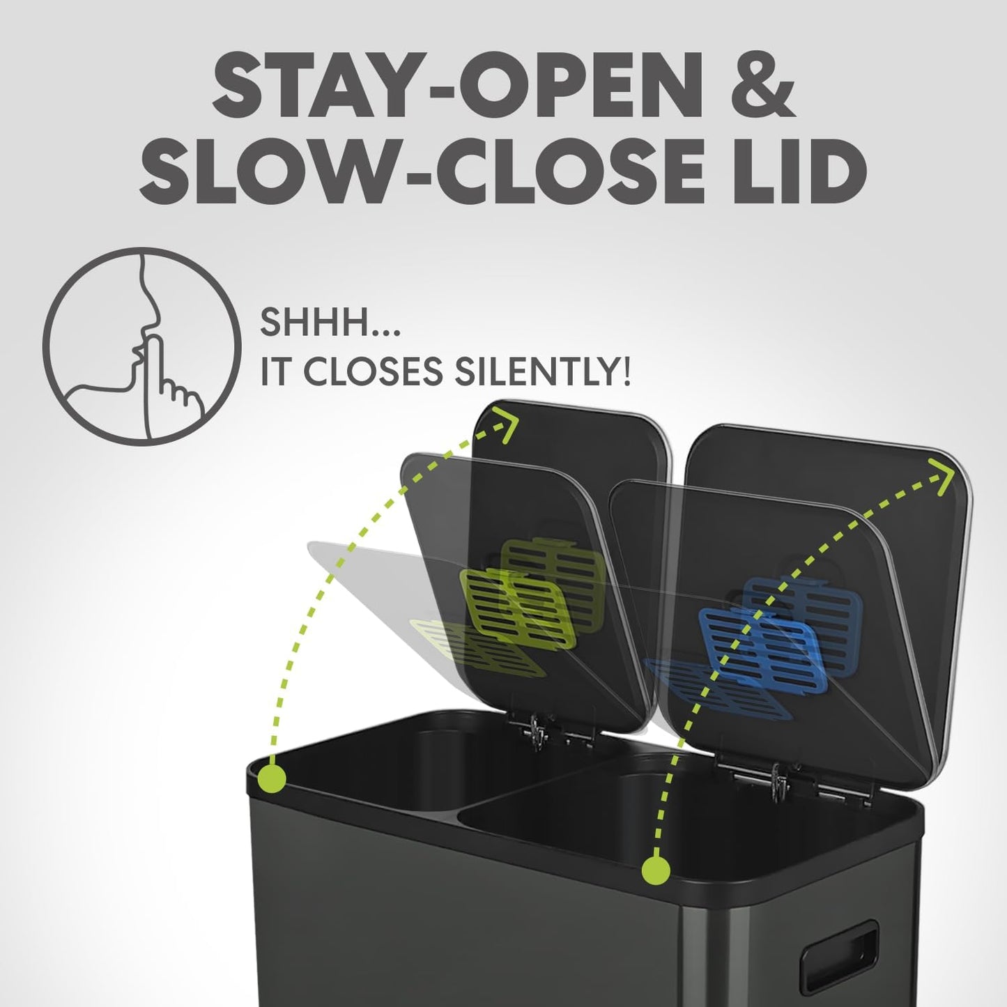 70 Liter / 18.5 Gallon Dual Compartment Recycling Trash Can - Hands-Free Kitchen Step Bin with Soft-Close Lid, Odor Filter, Stainless Steel Foot Pedal, Black Finish (40L + 30L) Elegant Black Finish