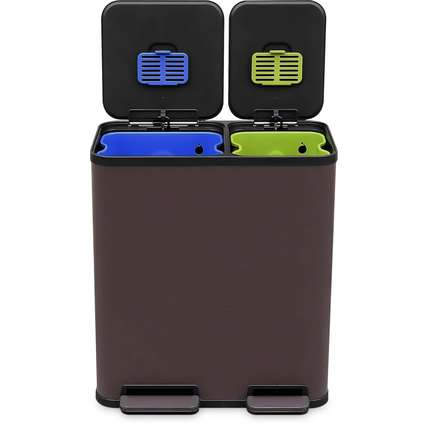 70 Liter / 18.5 Gallon Dual Compartment Recycling Trash Can – Hands-Free Kitchen Step Bin with Soft-Close Lid, Odor Filter, Stainless Steel Foot Pedal, Black Finish (40L + 30L), Brown