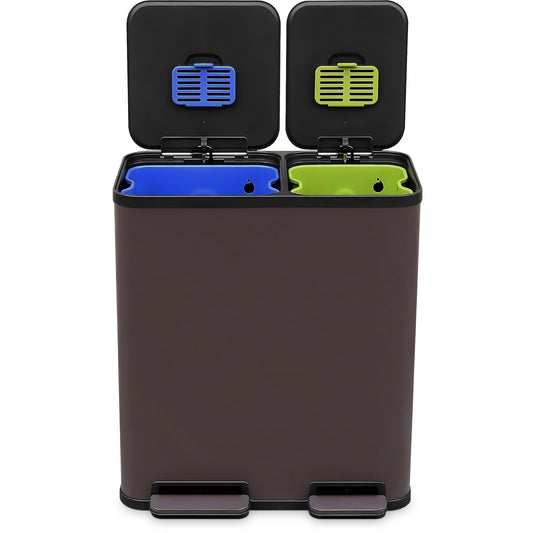 70 Liter / 18.5 Gallon Dual Compartment Recycling Trash Can – Hands-Free Kitchen Step Bin with Soft-Close Lid, Odor Filter, Stainless Steel Foot Pedal, Black Finish (40L + 30L), Brown