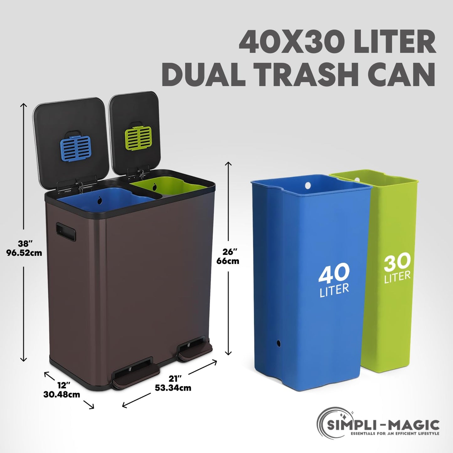 70 Liter / 18.5 Gallon Dual Compartment Recycling Trash Can – Hands-Free Kitchen Step Bin with Soft-Close Lid, Odor Filter, Stainless Steel Foot Pedal, Black Finish (40L + 30L), Brown