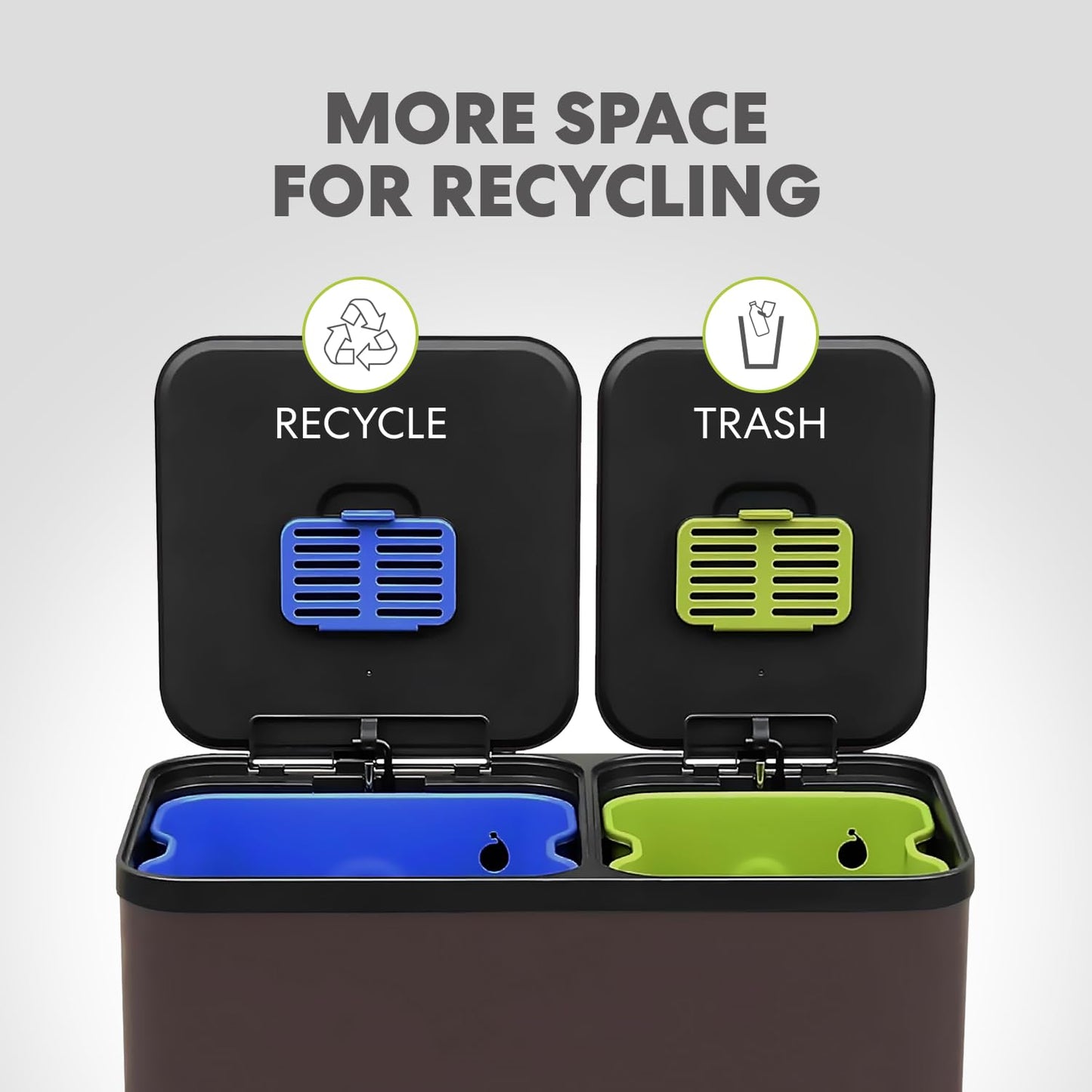 70 Liter / 18.5 Gallon Dual Compartment Recycling Trash Can – Hands-Free Kitchen Step Bin with Soft-Close Lid, Odor Filter, Stainless Steel Foot Pedal, Black Finish (40L + 30L), Brown