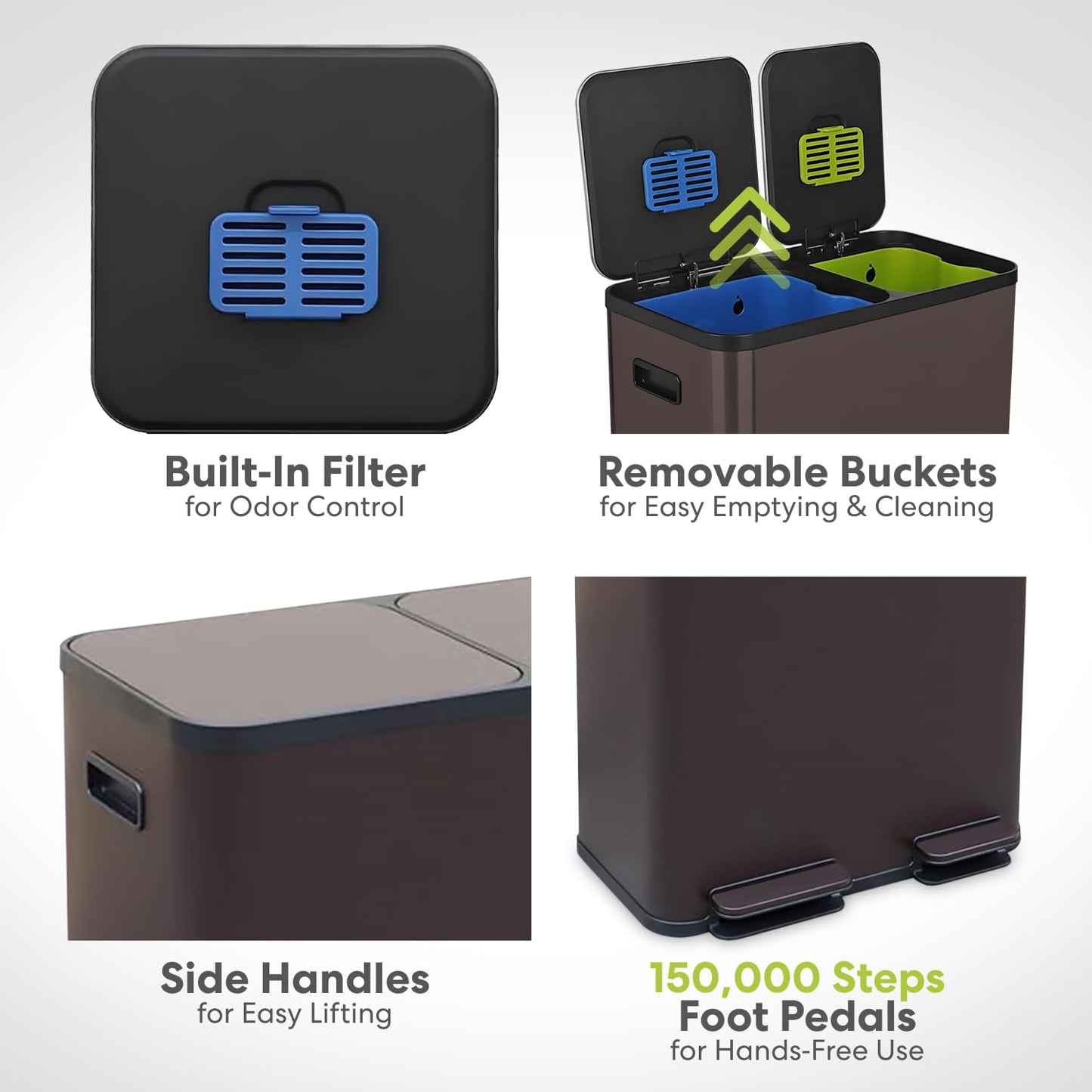 70 Liter / 18.5 Gallon Dual Compartment Recycling Trash Can – Hands-Free Kitchen Step Bin with Soft-Close Lid, Odor Filter, Stainless Steel Foot Pedal, Black Finish (40L + 30L), Brown