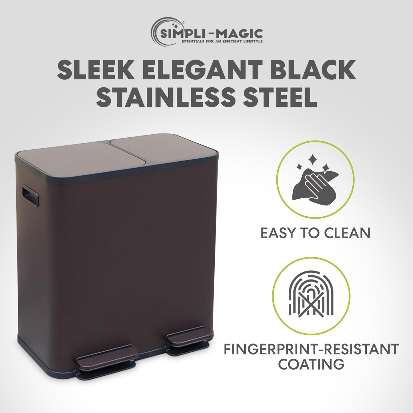 70 Liter / 18.5 Gallon Dual Compartment Recycling Trash Can – Hands-Free Kitchen Step Bin with Soft-Close Lid, Odor Filter, Stainless Steel Foot Pedal, Black Finish (40L + 30L), Brown