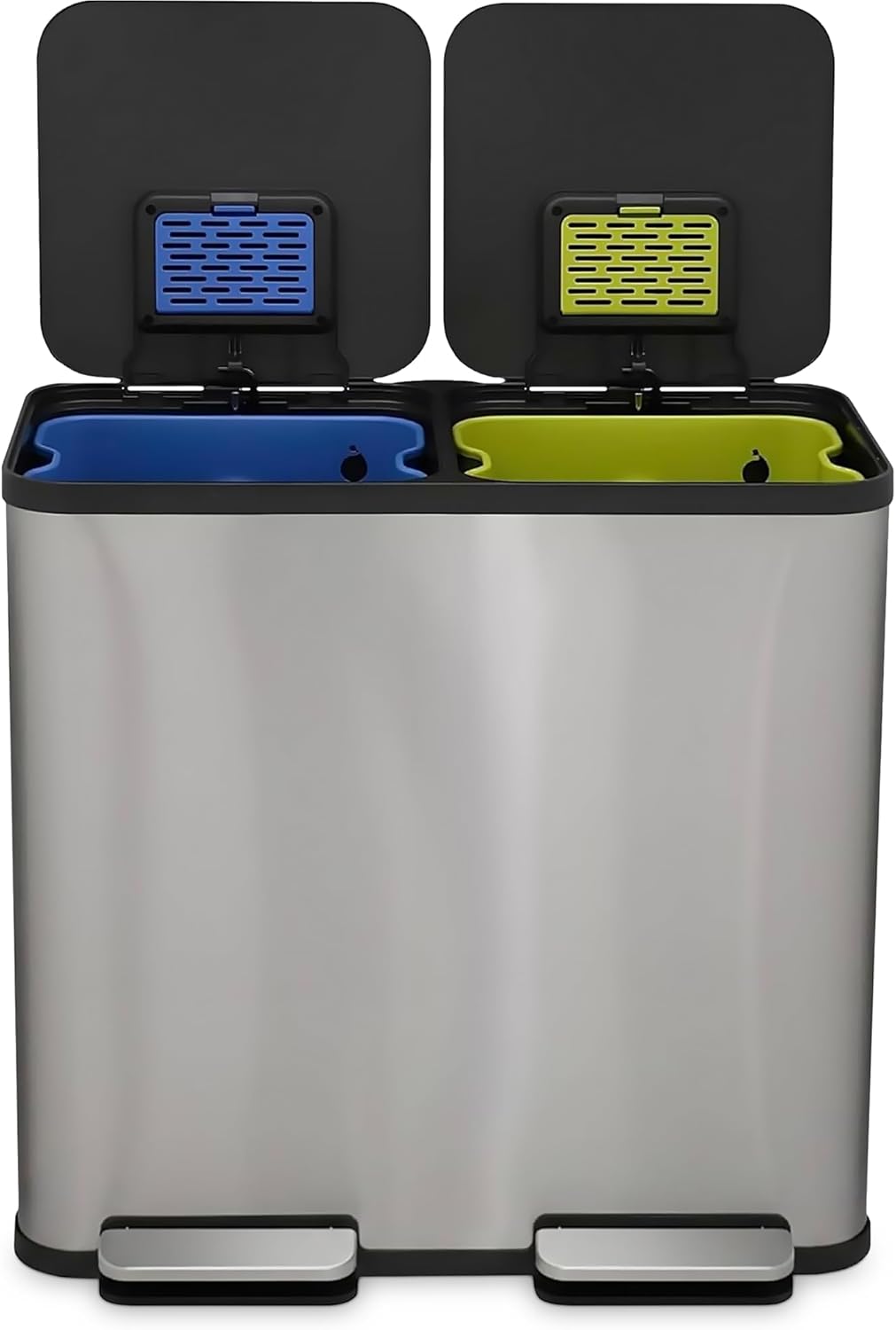 80 Liter / 21 Gallon Rectangular Hands-Free Dual Compartment Recycling Kitchen Step Trash Can with Soft-Close Single Lid, Stainless Steel (40L x 40 L Capacity) Stainless Steel Finish