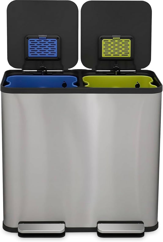 80 Liter / 21 Gallon Rectangular Hands-Free Dual Compartment Recycling Kitchen Step Trash Can with Soft-Close Single Lid, Stainless Steel (40L x 40 L Capacity) Stainless Steel Finish