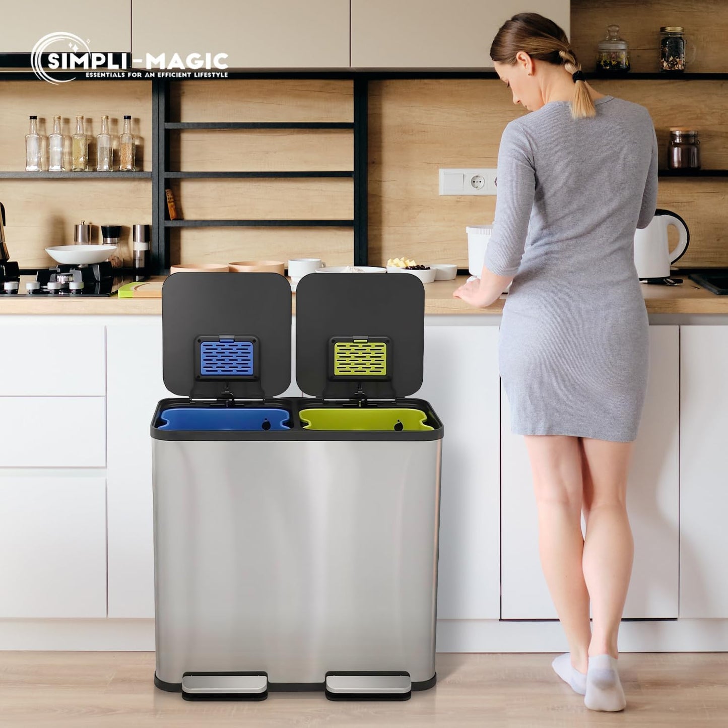 80 Liter / 21 Gallon Rectangular Hands-Free Dual Compartment Recycling Kitchen Step Trash Can with Soft-Close Single Lid, Stainless Steel (40L x 40 L Capacity) Stainless Steel Finish