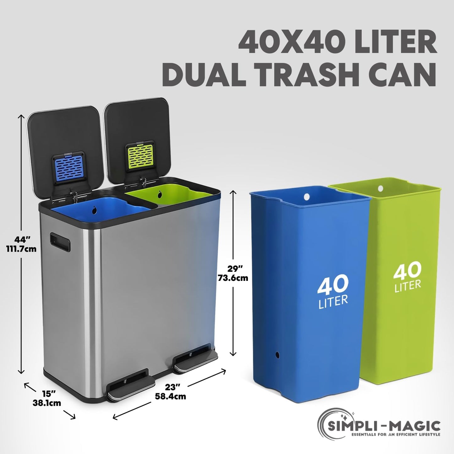 80 Liter / 21 Gallon Rectangular Hands-Free Dual Compartment Recycling Kitchen Step Trash Can with Soft-Close Single Lid, Stainless Steel (40L x 40 L Capacity) Stainless Steel Finish