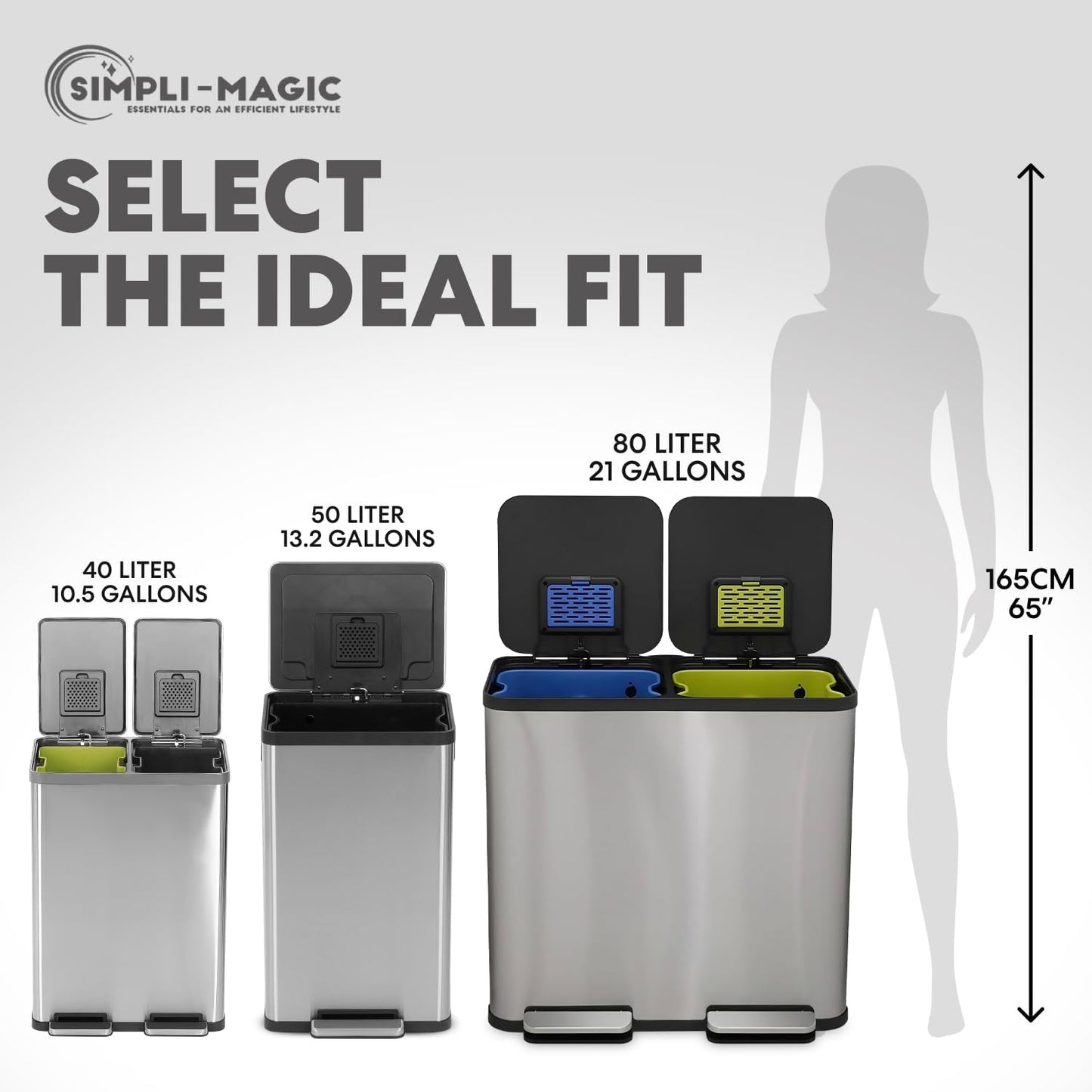 80 Liter / 21 Gallon Rectangular Hands-Free Dual Compartment Recycling Kitchen Step Trash Can with Soft-Close Single Lid, Stainless Steel (40L x 40 L Capacity) Stainless Steel Finish