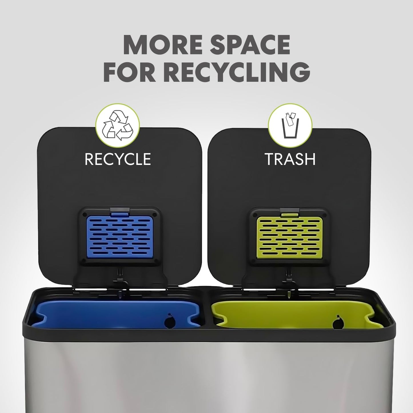 80 Liter / 21 Gallon Rectangular Hands-Free Dual Compartment Recycling Kitchen Step Trash Can with Soft-Close Single Lid, Stainless Steel (40L x 40 L Capacity) Stainless Steel Finish